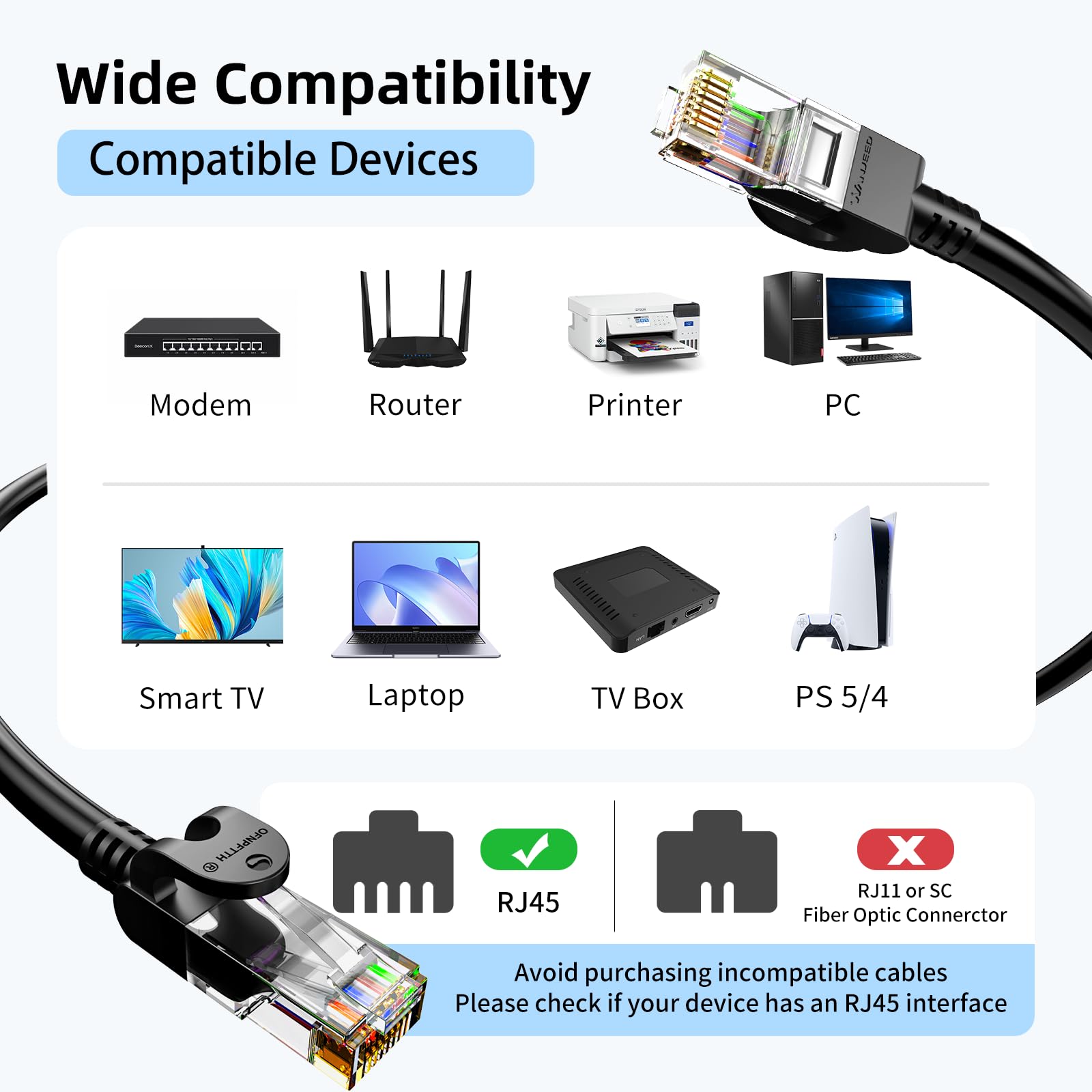 Cable Ethernet Cat 6 de 3.3 pies, paquete de 10 unidades, para exteriores e interiores, 10 Gbps, compatible con red Cat8 Cat7, cable de conexión plano RJ46 Internet LAN para router, módem, interruptor