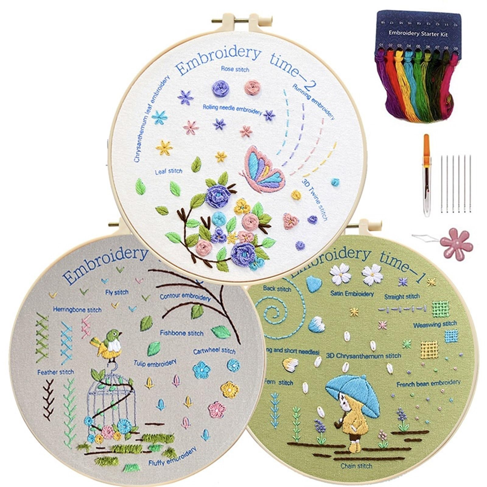 haft, Zestaw do haftowania, 3 zestawy Startowy zestaw Naucz się różnych ściegów Zestawy samodzielnego montażu(Color 02,Without hoop)