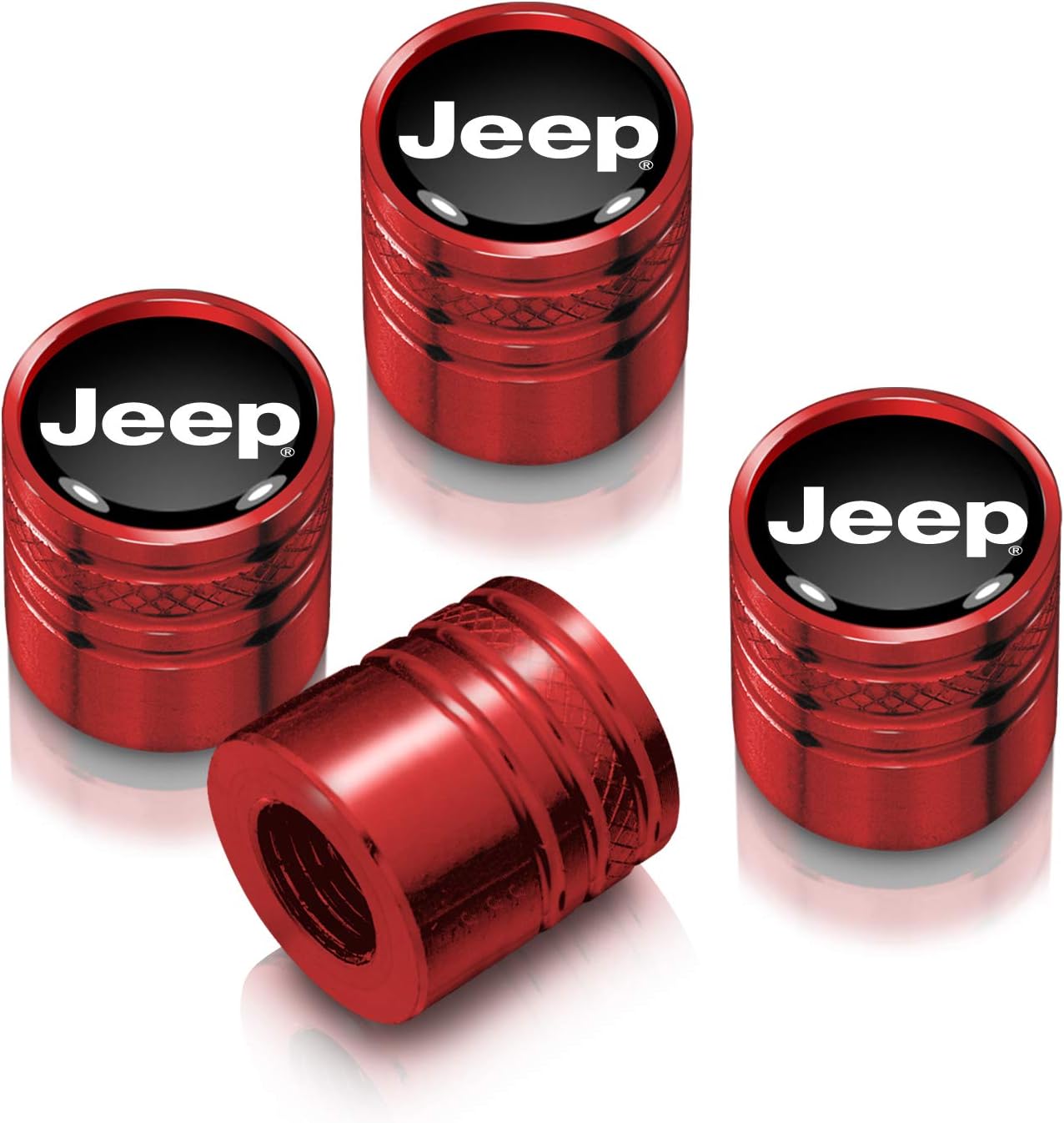 iPick Image for Jeep in Black on Red Aluminum Cylinder-Style Tire Valve Stem Caps