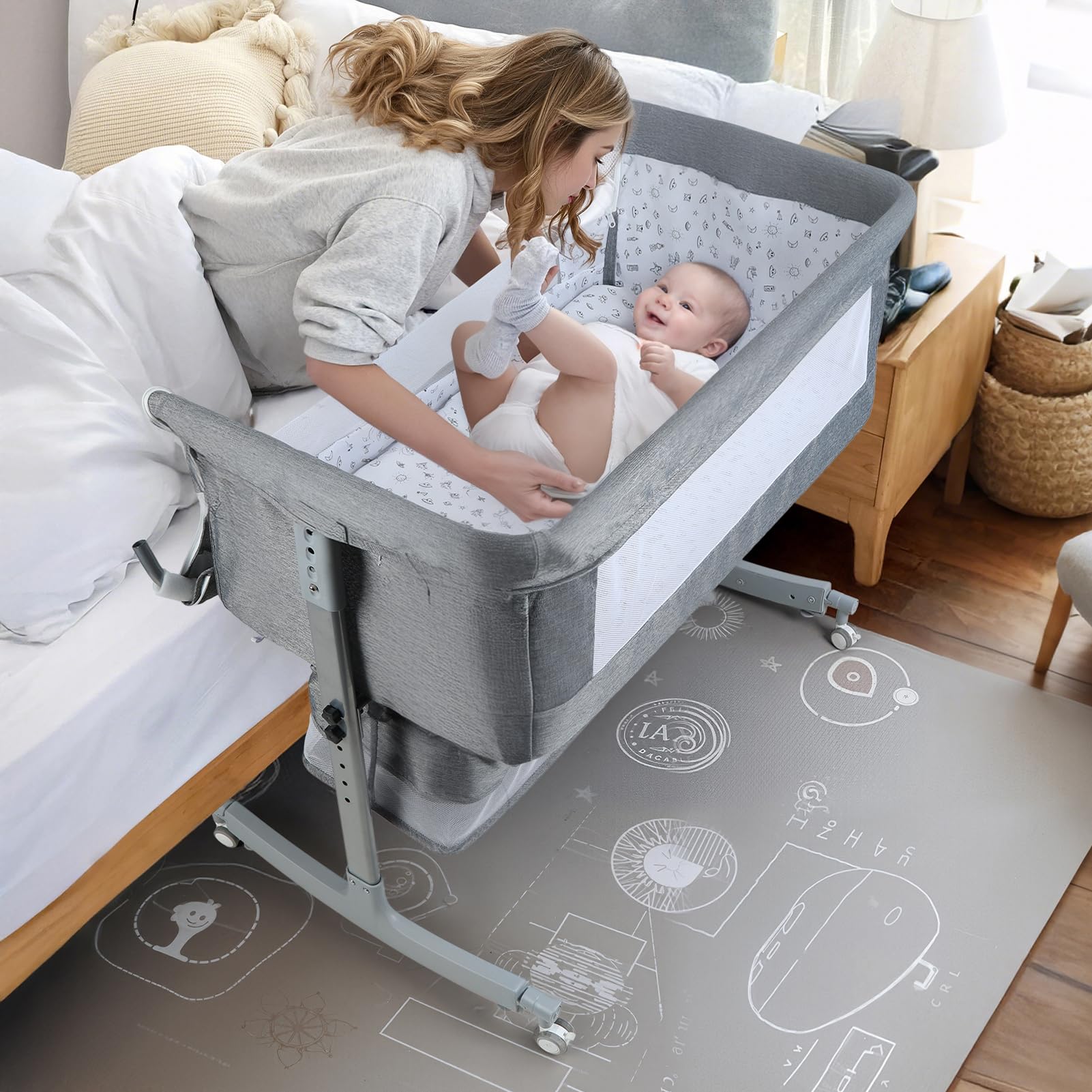 Baby Bedside Crib Baby Crib with with Wheels, Storage, Mosquito Net and Matress Included, Height Adjustable Baby Bassinet (Grey 3)