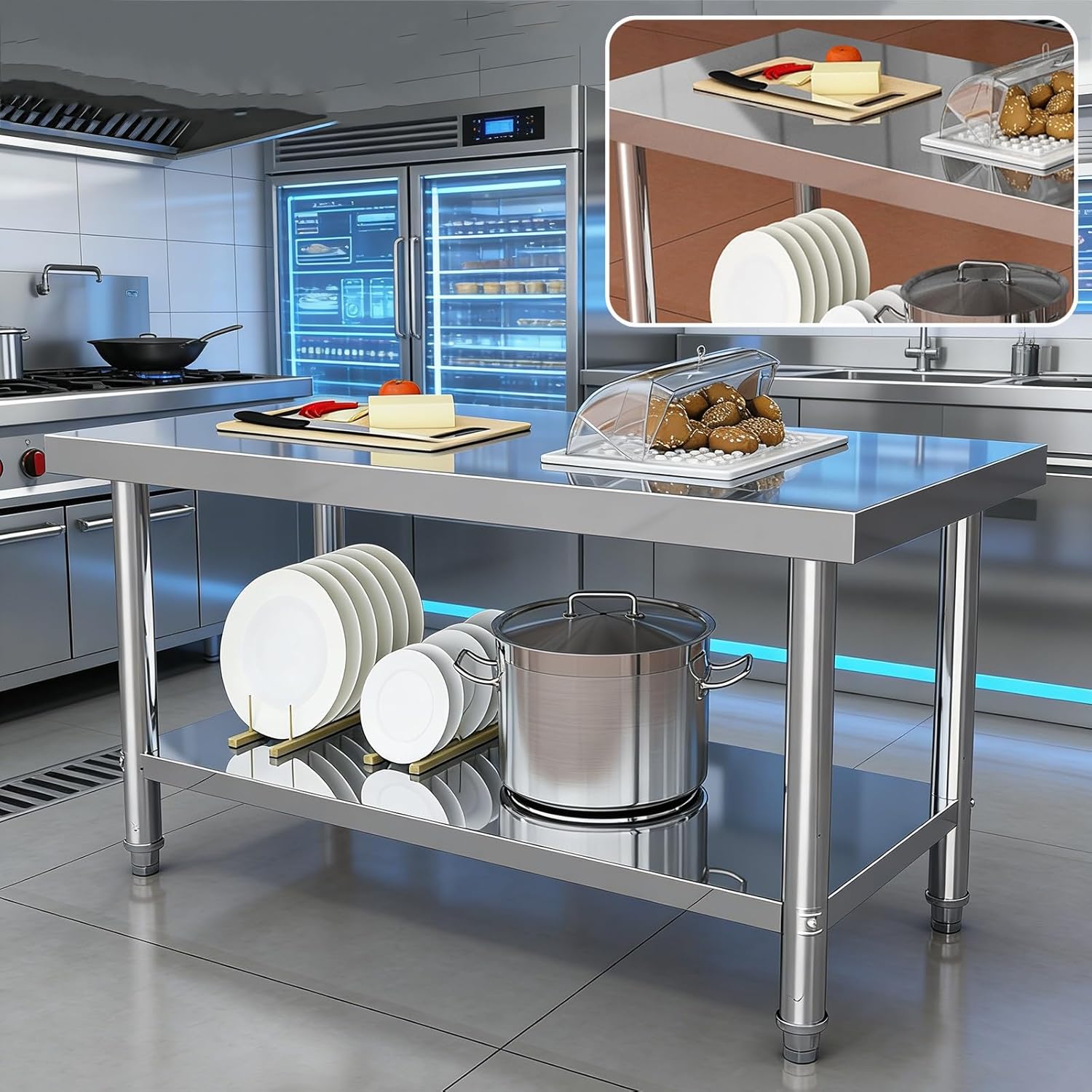 Double-Layer Stainless Steel Workbench Commercial Prep Table with Packaging countertop Worktable Open Shelving Concealed Triangular Structure Adjustable Feet(L60xW40xH80cm/23.6x15.7x31.5”)