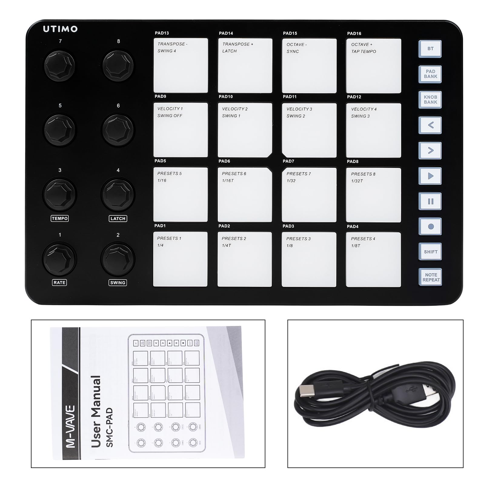 UTIMO Contrôleur MIDI Pad, SMC-Pad MIDI, Drum Pad 16 Touches RGB Rétroéclairé Clavier Musique Electronique Faible Latence Connexion Bluetooth Batterie Intégrée Noir