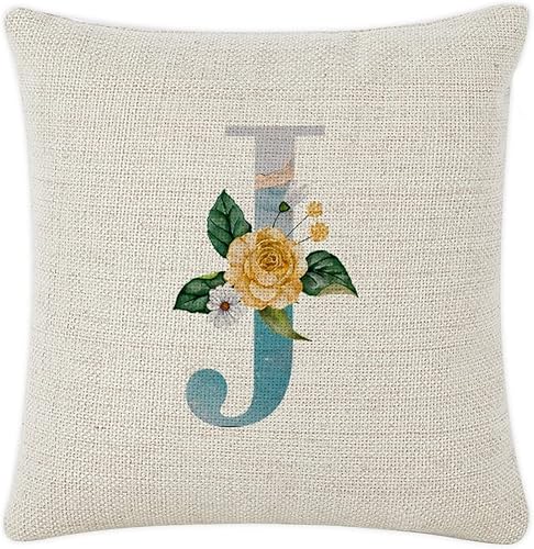 Throw Cushion Cover Case Marble Yellow Floral Monogram Initial Letter J Decorative Pillow Cover Cotton Linen Square Lumbar Pillow Case for Couch Bed