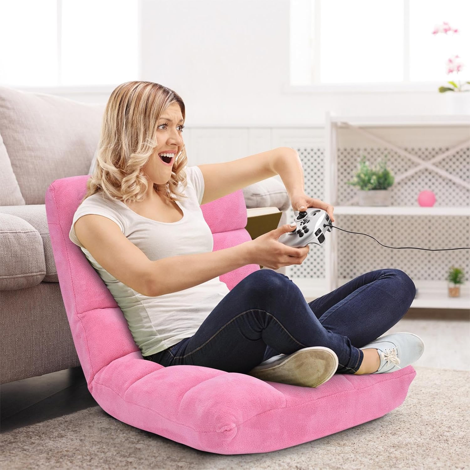 DREAMADE Folding Floor Chair w/Back Support, 14-Position Adjustable Lazy Sofa Chair w/Coral Velvet Fabric & Alloy Steel Frame, Portable Meditation Chair for Reading, Gaming,Sleeping (Pink)