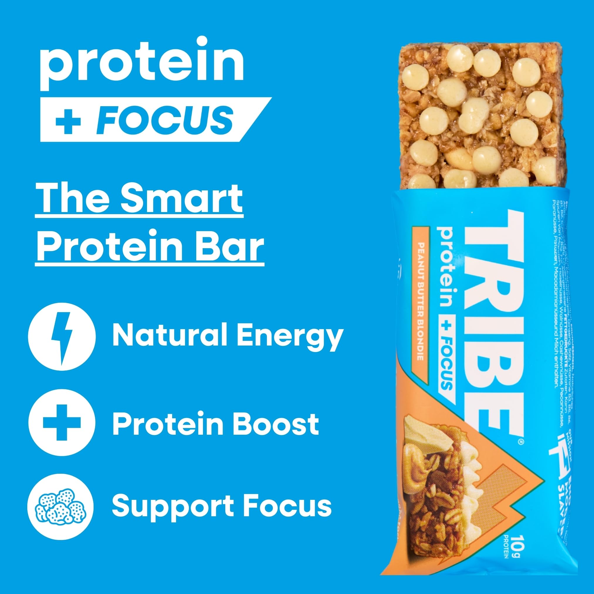 TRIBE Protein + Focus Bar – Blondie au beurre d'arachide – 10 g de protéines, 9 nutriments énergétiques et concentrés, crinière de lion, à base de plantes, collation végétalienne et sans gluten (60 g