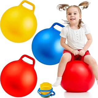 Lewtemi 3-Pack 18 Inch Hopper Balls with Handles - Inflatable Bouncy Jumping Balls for Kids 6+ (Yellow, Blue, Red) + Foot Pump