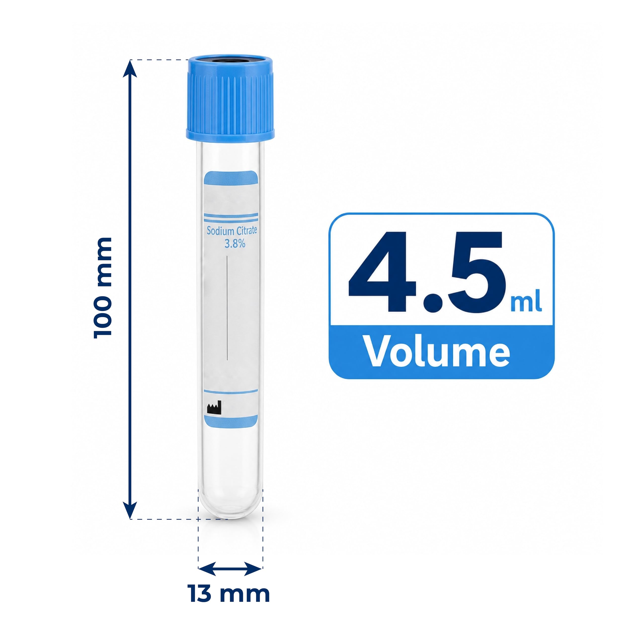 KMINA Tubos de Vacío (100 unidades) Citrato Sódico 3,8%, Aditivo Anticoagulante, 4,5 ml, 13 x 75 mm, Tapón Azul, Estériles, Para Muestras de Sangre, Uso Profesional