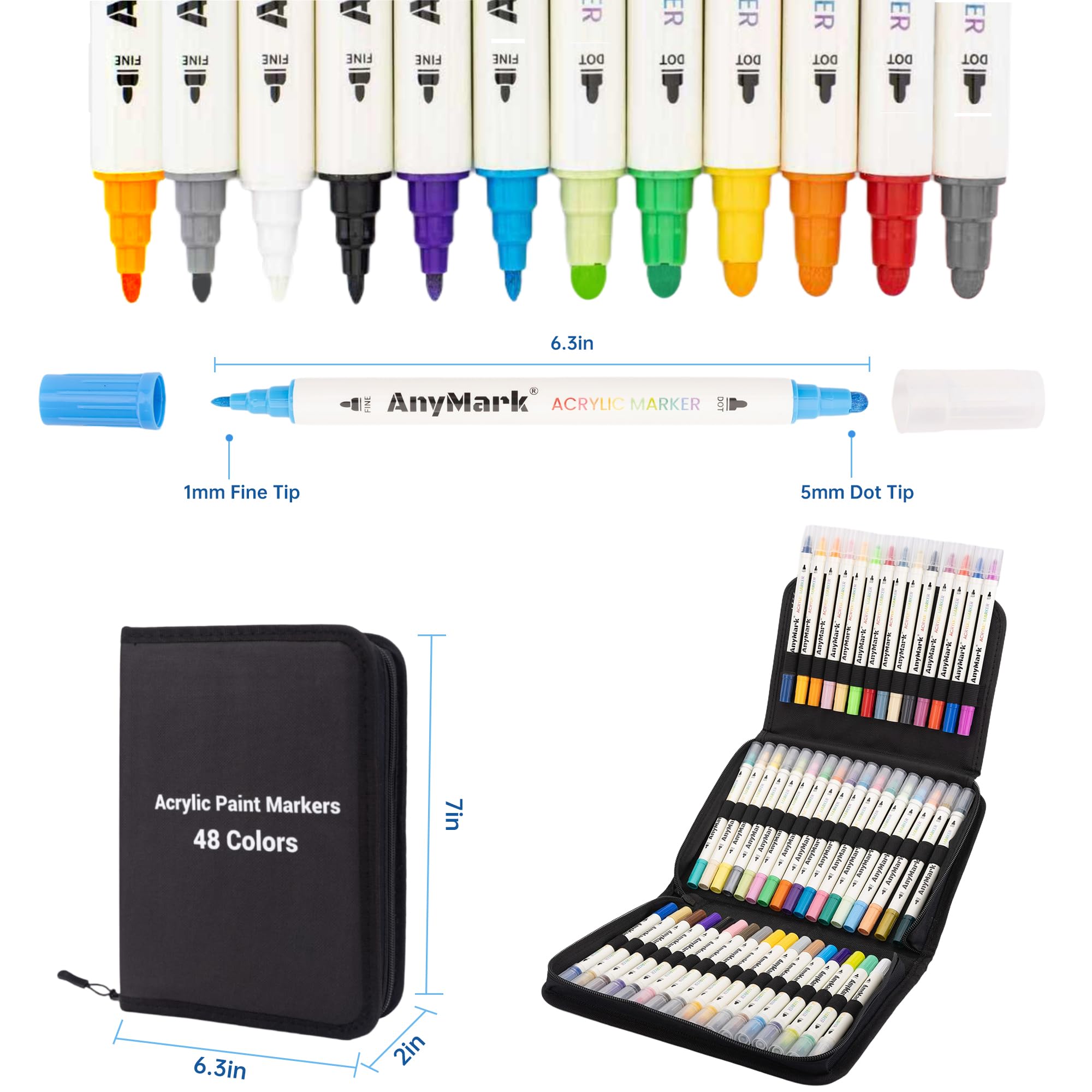 AnyMark 48 Colori Pennarelli Acrilici, Doppia Punta Dot e Fine, Marker Acrilici per Pietra, Legno, Vetro, Calligrafia, Pittura su Roccia e Fai-da-te