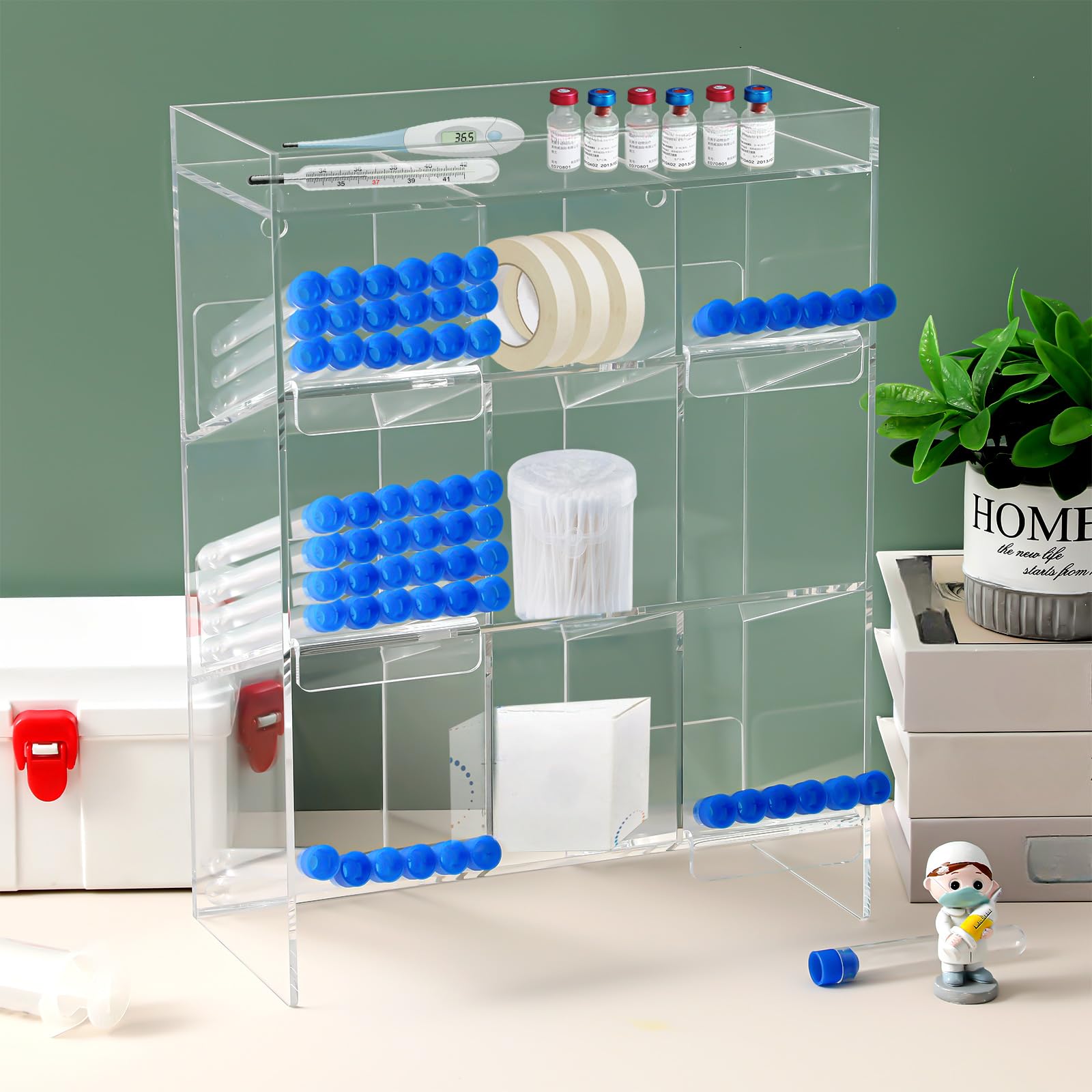 Colingmill Estante acrílico transparente para tubos de ensayo con 9 compartimentos y 4 bandejas extraíbles, soporte organizador de laboratorio para almacenamiento (16 x 12 x 5.5 pulgadas)