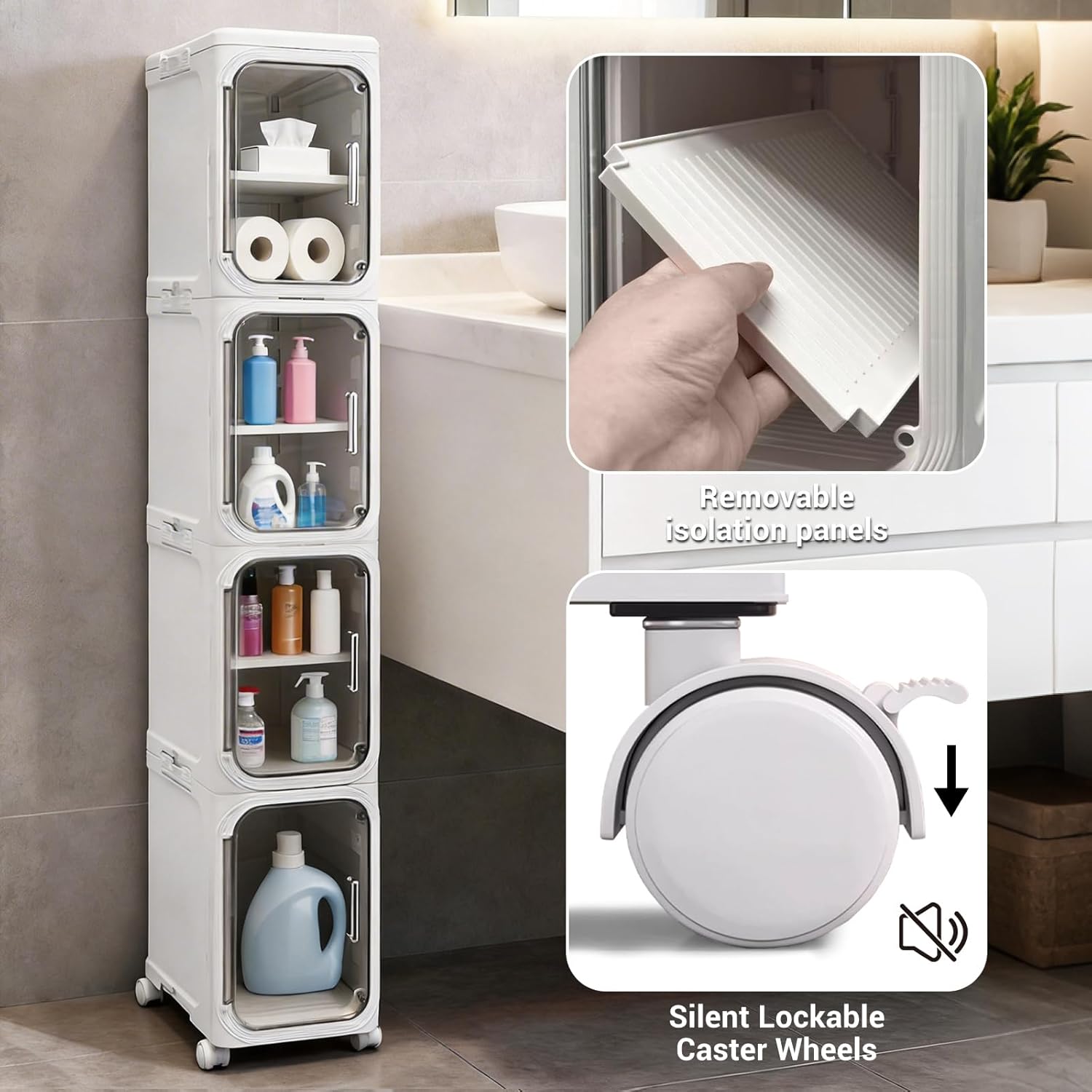 4-Tier Tall Narrow Storage Cabinet with Adjustable Shelves and Lockable Wheels — Ideal for Small Spaces in Bathroom, Kitchen, or Laundry Room