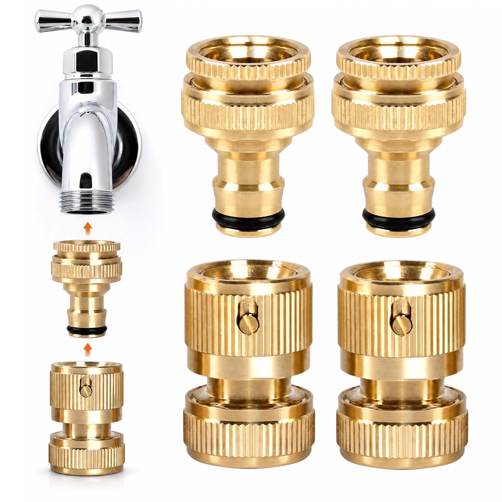 2Pair 1/2Inch & 3/4Inch Brass Garden Hose Connectors, Leakproof Heavy Duty Tap Adapters Female Threaded Faucet Quick Connector Water Pipe Fittings for Garden Kitchen Car Washing