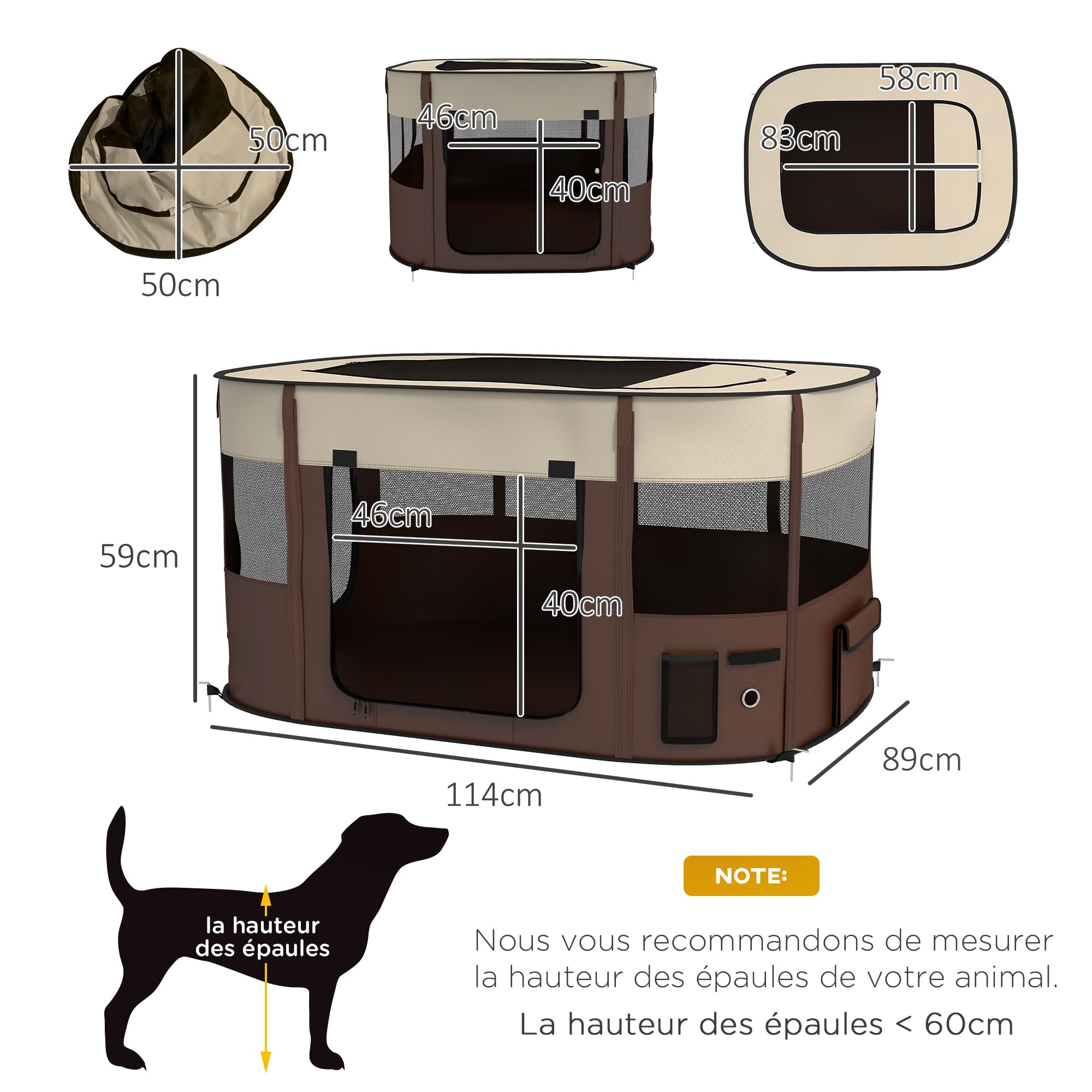 PawHut Parc pour Chien en Tissu Oxford, Enclos Extérieur Pliable pour Chiots, 114 x 89 x 59 cm, Blanc crème et Marron