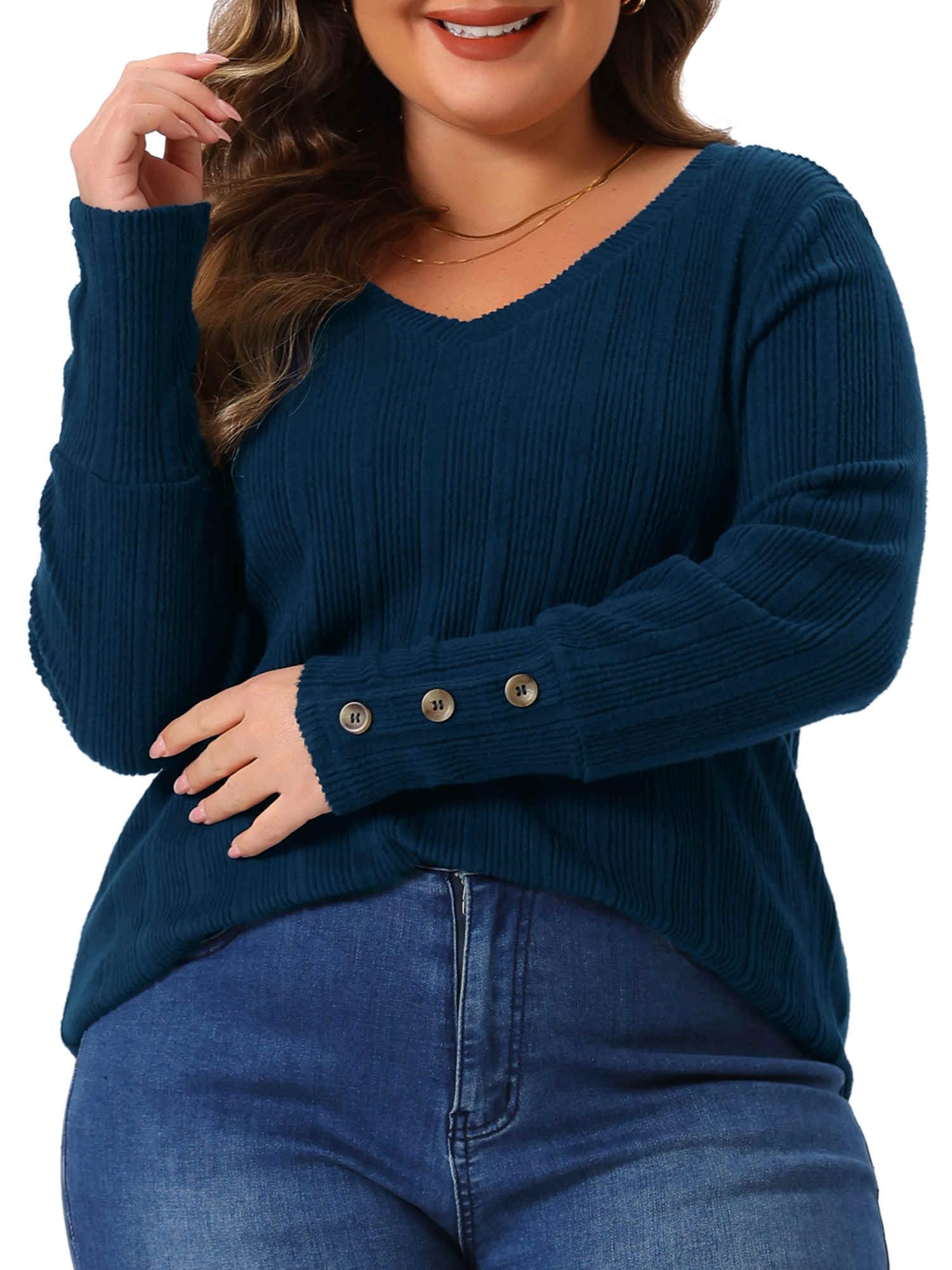 Agnes Orinda Plus Size Knit Tops for Women Long Sleeve V Neck Button Stretch Casual Pullover Sweater Blouses