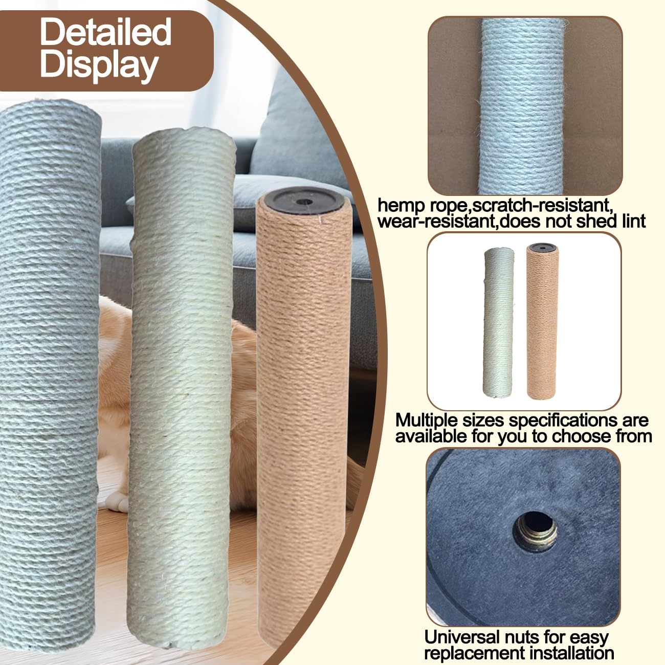 2 Pezzi Tiragraffi Gatti M8 Ricambio, Parti Ricarica Tiragraffi Gatti Tiragraffi In Corda Canapa Con Viti for Gattini Interno Gatti Grandi Dimensioni(Jute,7.6x50cm)