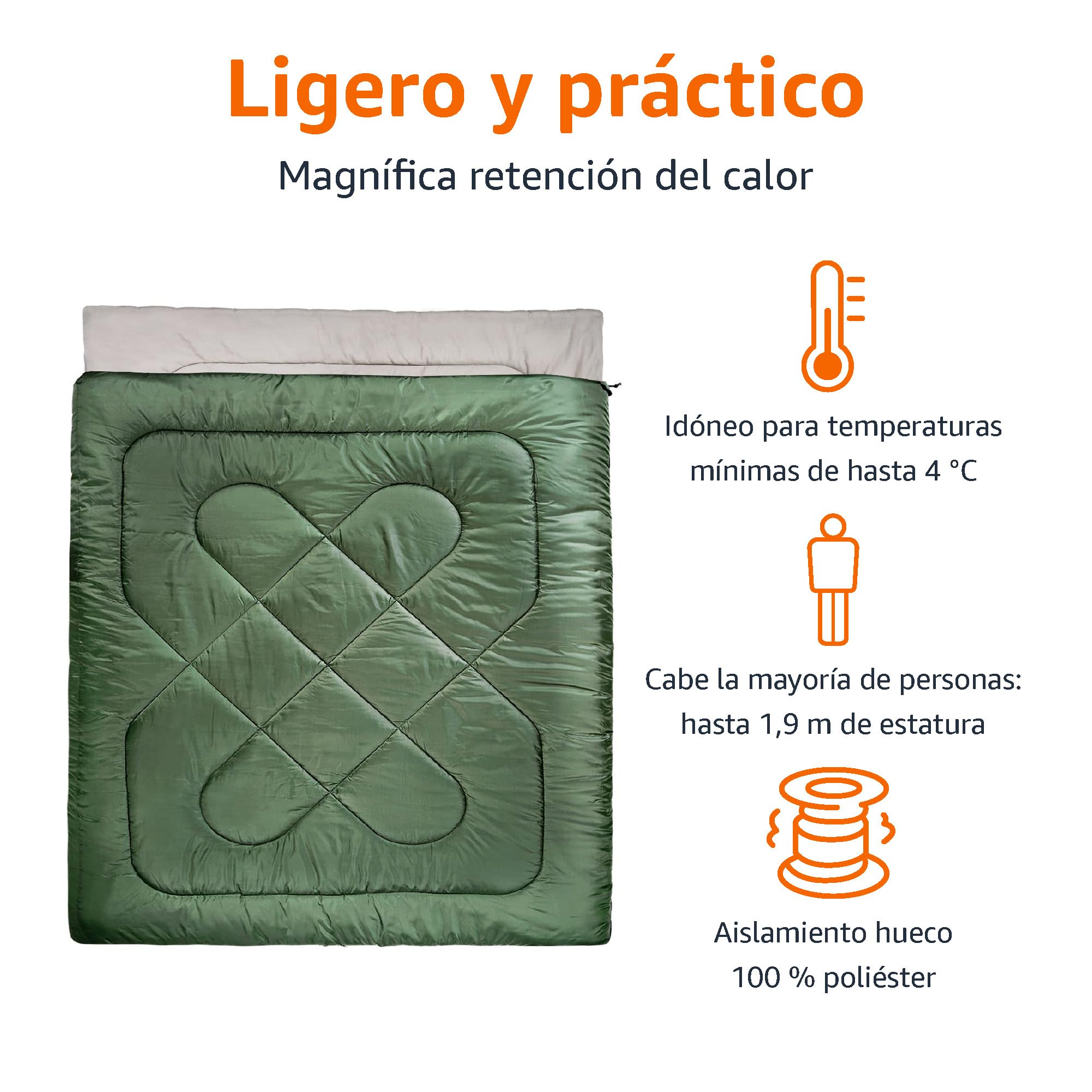 Amazon Basics Rectangular Saco de Dormir para días fríos, Camping y Senderismo, 2 Personas, Queen, Doble Size, Verde Oliva