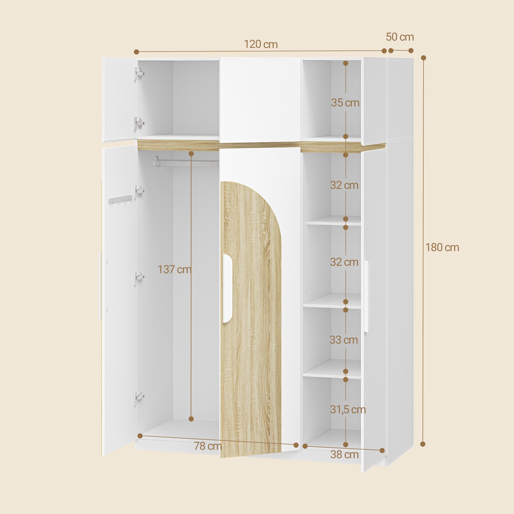Hzuaneri Armadio 50 X 120 X 180 Cm, Armadio a Sei Ante con 3 Scomparti di Stoccaggio E Ganci, Ripiani Regolabili, Adatto Per Camera da Letto, Colore Bianco con Finitura Effetto Legno Naturale,BW10003E