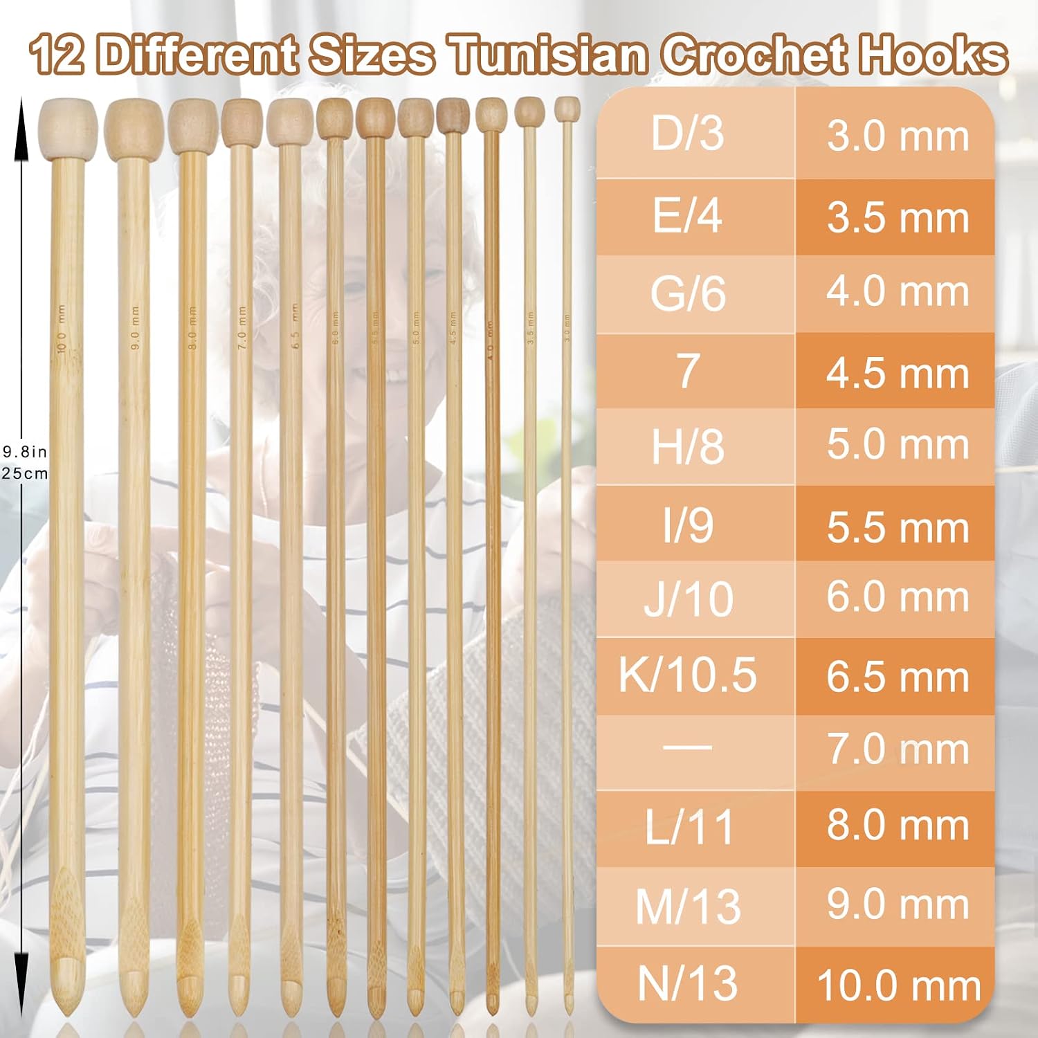 Coopay 12 PCS Tunisian Crochet Hooks, Carbonized Bamboo Crochet Hook Set Long Afghan Crochet Needles for Crocheting, 3.0 mm(D)-10.0 mm(N), Knitting & Crochet Supplies Yarn Weave Tools for Beginners