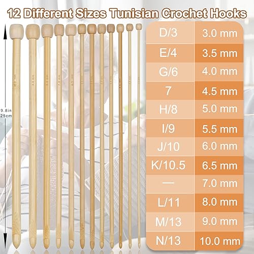 Miniatura 6 de Coopay 12 ganchos de ganchillo tunecinos, juego de ganchos de ganchillo de bambú carbonizado, agujas largas de ganchillo afganas para ganchillo,