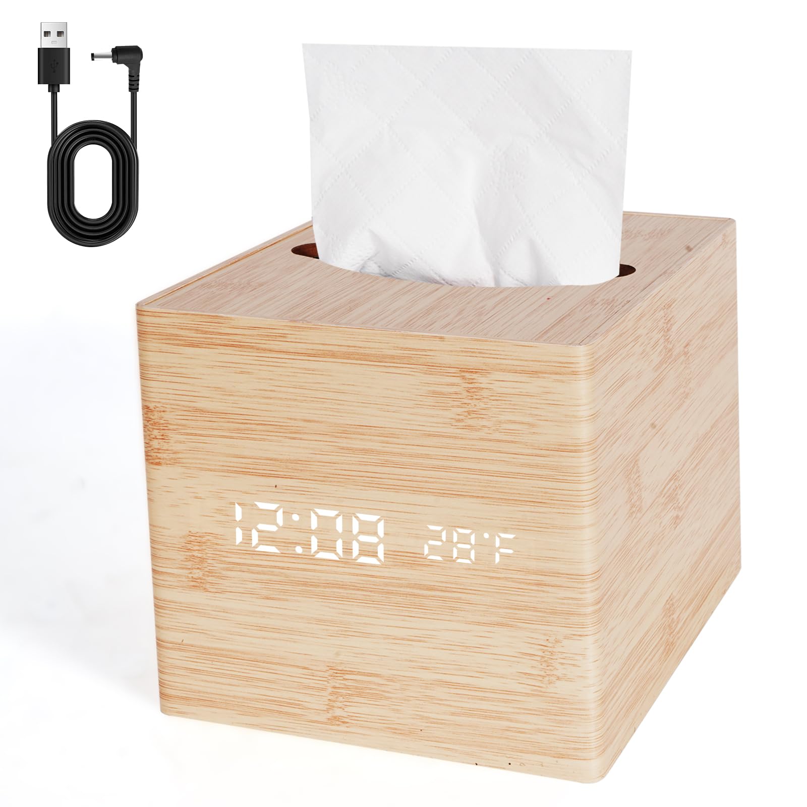 Photo 1 of ***CHARGER NOT INCLUDED***
ANHUXINLEI Wooden Tissue Box Cover - Digital Square Holder with Dimmable Alarm Clock, Temperature and Date Display - Cordless Home Decor for Office Desk, Nightstand and Bedroom Organization