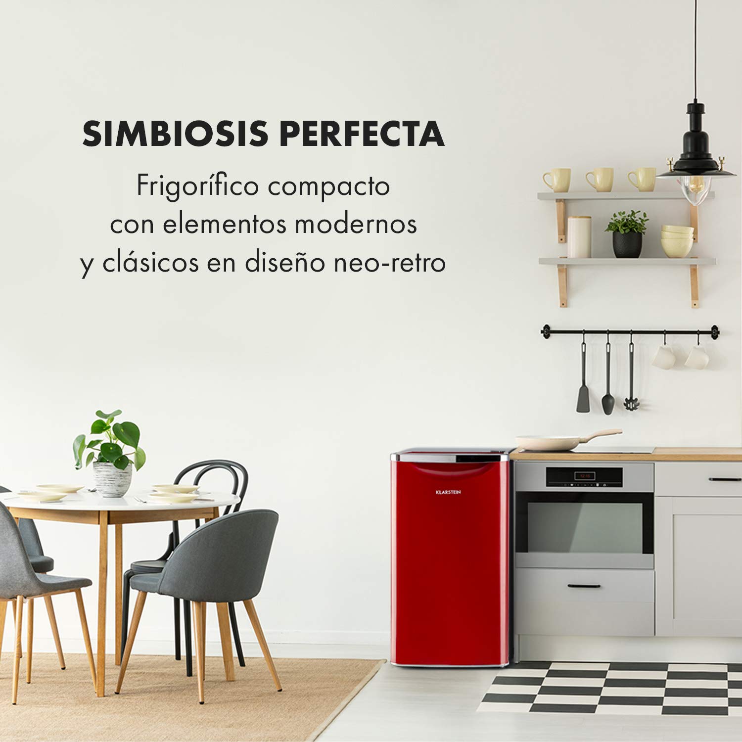 KLARSTEIN Yummy Refrigerador con compartimento congelador,R600a, 42 dB, 1 x estante de rejilla, incluye bandeja de goteo, 90 L, compartimento congelador: 8 litros, refrigerador: 90 L, rojo