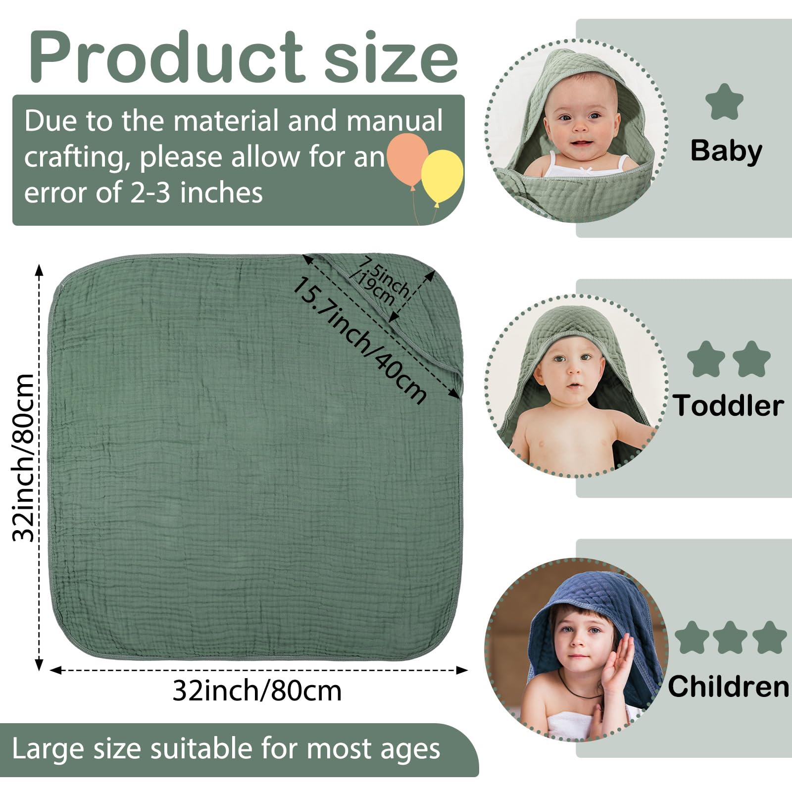 VitalCozy 6 asciugamani da bagno e asciugamani con cappuccio in mussola, 81 x 81 cm, asciugamani per bambini in mussola di cotone con cappuccio blu verde assorbente coperte con cappuccio neonato