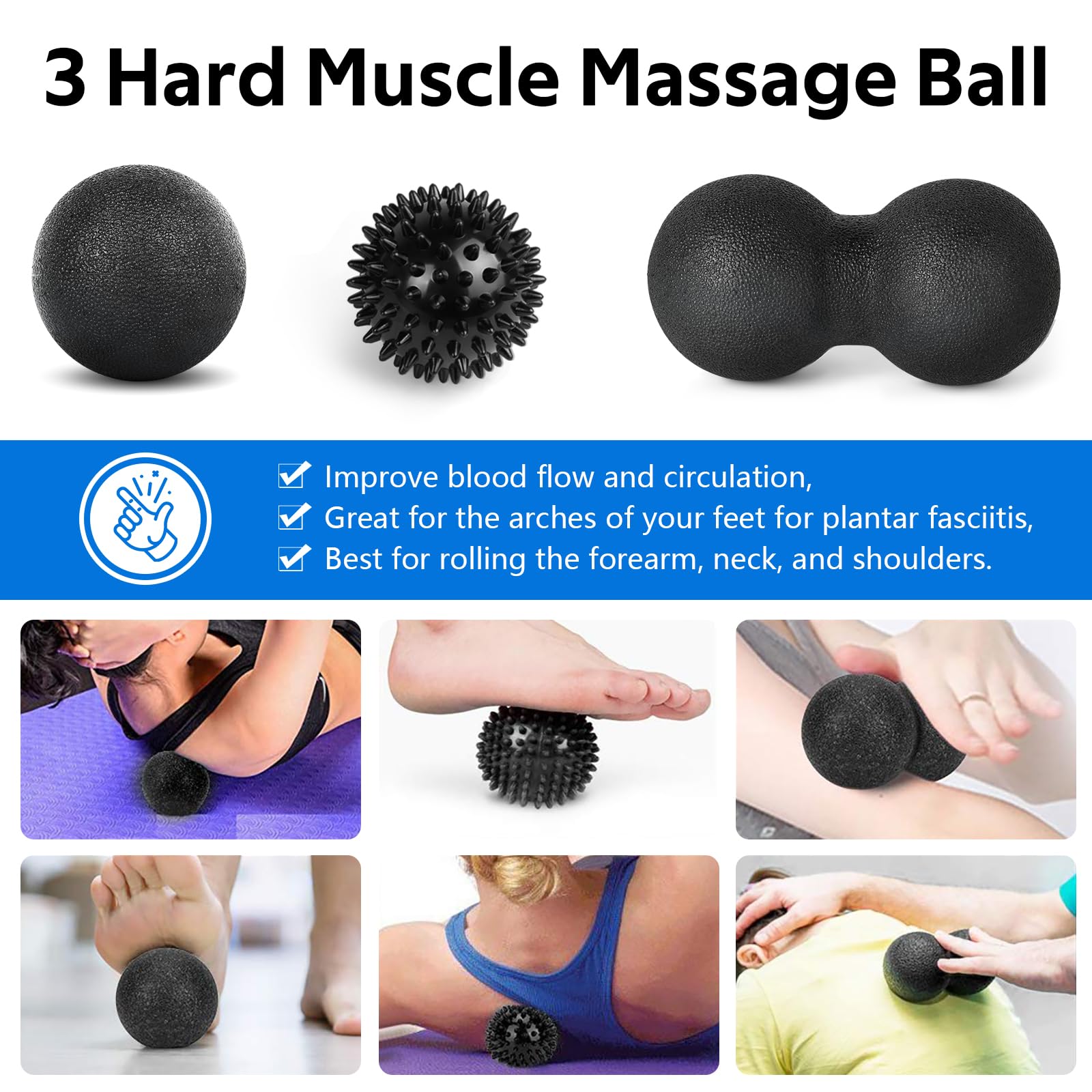 Juego de rodillos de espuma – Rodillo de espalda de alta densidad, rodillo muscular, 3 bandas de resistencia, bola de fascitis de 2 pies, correa de estiramiento, bola de masaje para terapia física y