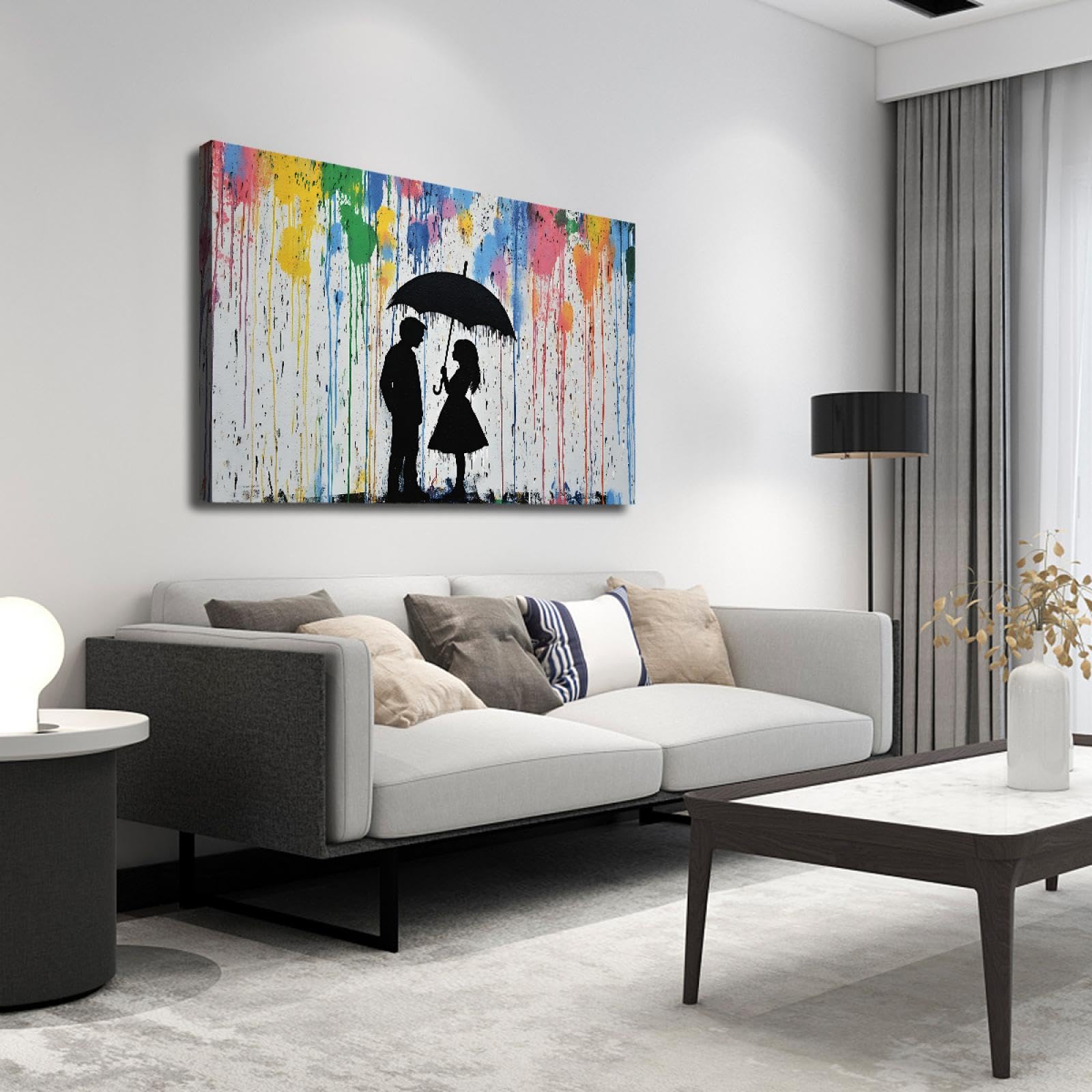 SHENGPOSTER Stampe su tela graffiti ad acquerello giovane uomo e donna coppia con ombrello poster di arte della parete per soggiorno camera da letto bagno decorazioni per la casa 40x56cm Innerframe