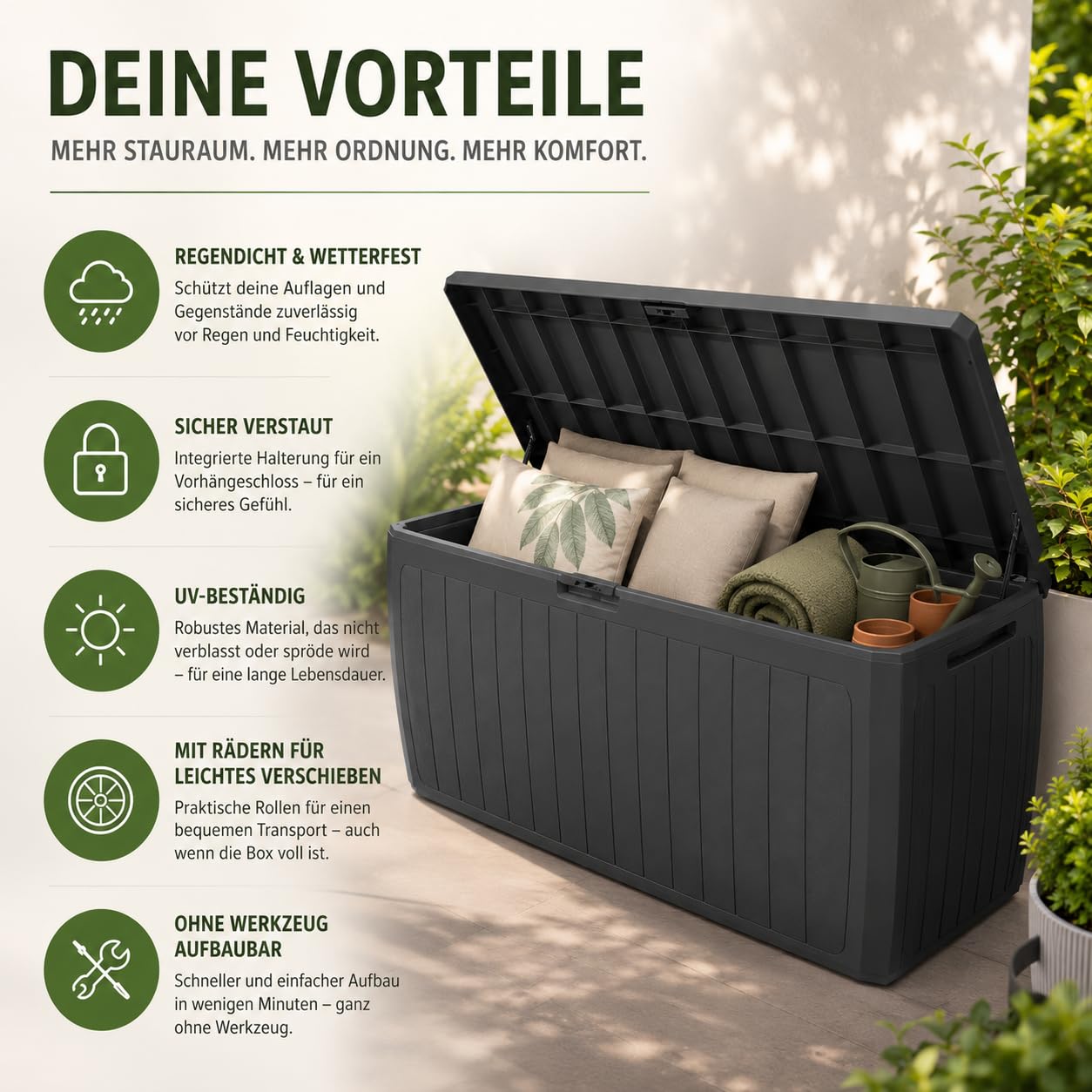BigDean Gartenbox Auflagenbox wasserdicht 290 Liter 116cm lang 60cm hoch 47cm breit Made in Europa abschließbar