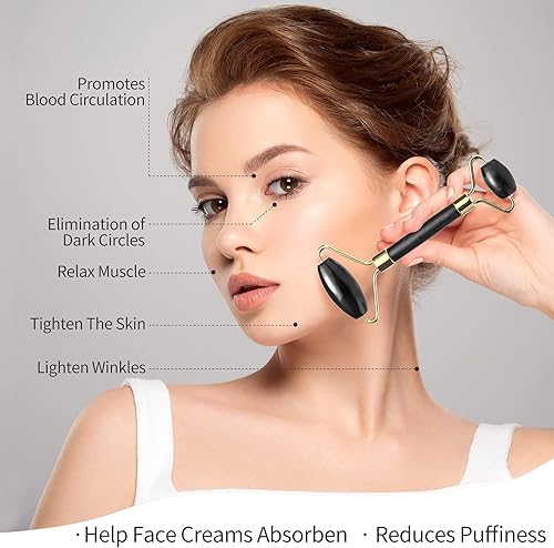 Miniatura 3 de BS-MALL Rodillo de jade y tabla de raspado Gua Sha antienvejecimiento de obsidiana negra aplicador para músculos de cara cuello y cuerpo herramienta