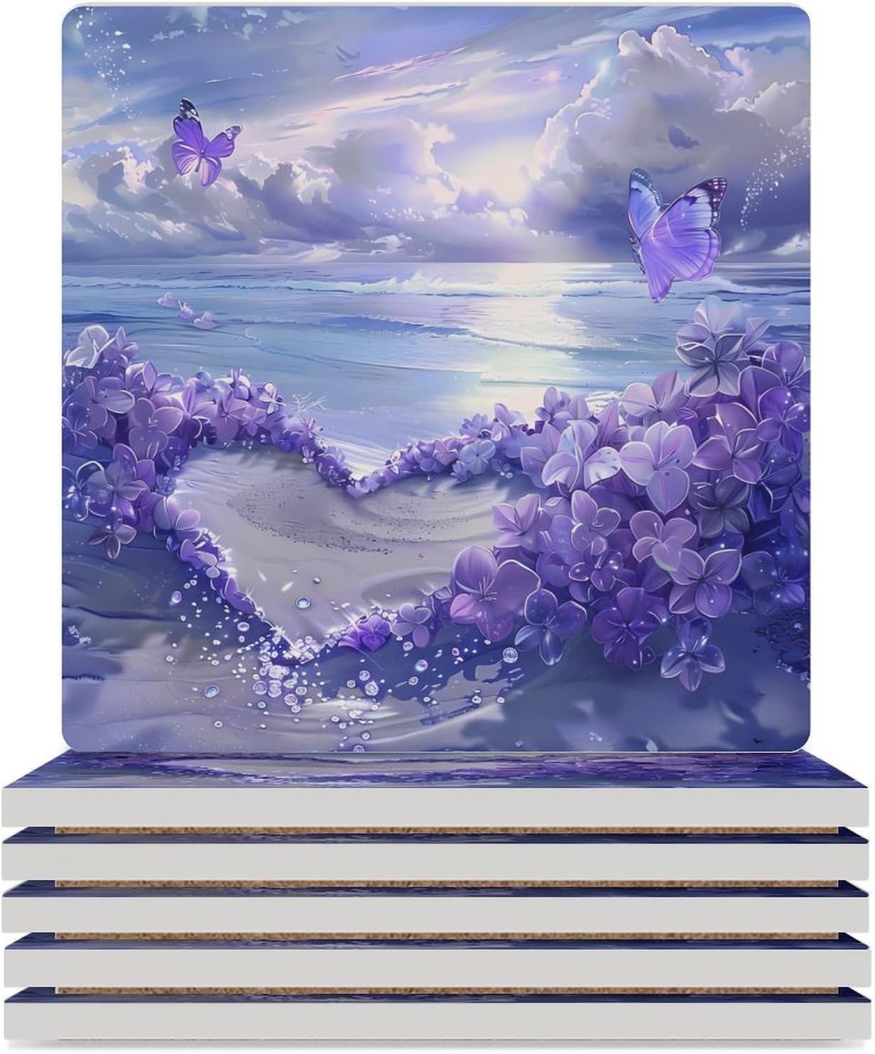 Purple Beach Flower Coaster for Drinks Square Ceramic Table Coasters Stone Mat Crafts 4PCS Home Kitchen Decor