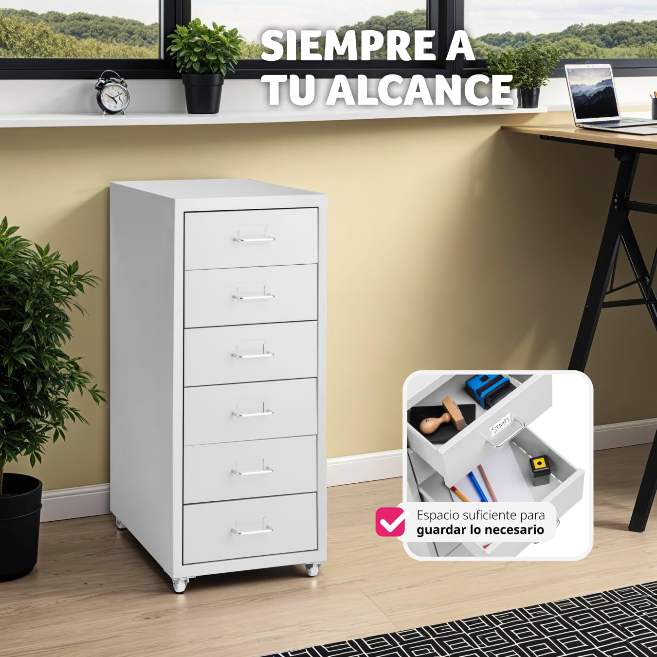 tectake® Cajonera 41x28x69 cm con Ruedas de Metal, 6 Cajones para Almacenamiento, Oficina y Despacho, Cajonera Escritorio, Cajoneras, Armario Interior, Armario Bajo - Gris Blanco
