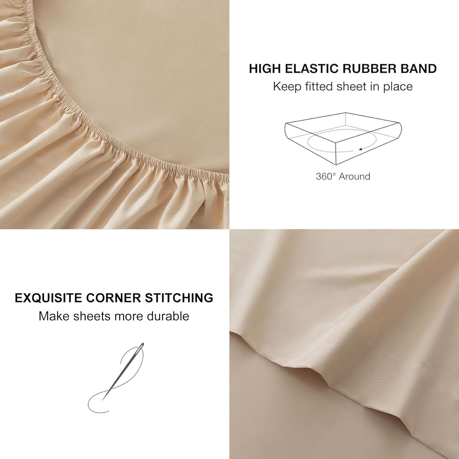 Levoo 100% Cotton Sheets Queen Size Set 18"-24" Extra Deep Pocket Sheets Set Soft Breathable Cooling 4Pcs Bed Sheets with 1 Flat Sheet, 1 Fitted Sheet, 2 Pillowcases (Queen, Beige)