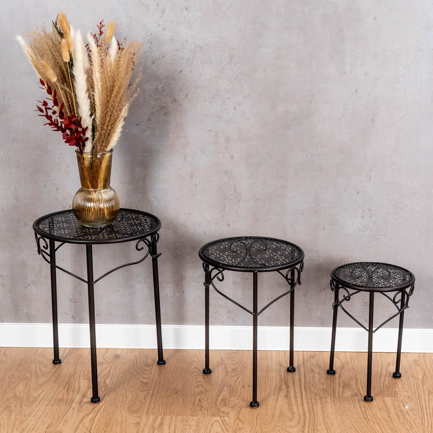 levandeo 3er Set Blumenhocker Metall Schwarz Pflanzenständer Braun Rund Tisch Garten Deko Blumenständer Garten