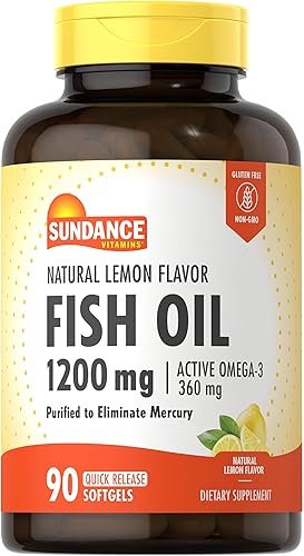 Sundance Cápsulas blandas de aceite de pescado de 1200 mg  90 unidades  con Omega-3 activo  Sabor natural a limón  Purificado para eliminar el