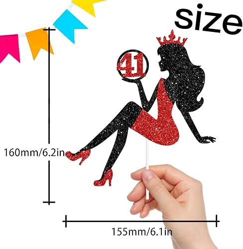 Miniatura 8 de Decoración de pastel con silueta de niña sentada roja y negra con glamour para dama 56 cumpleaños temática reina suministros de decoración de fiesta