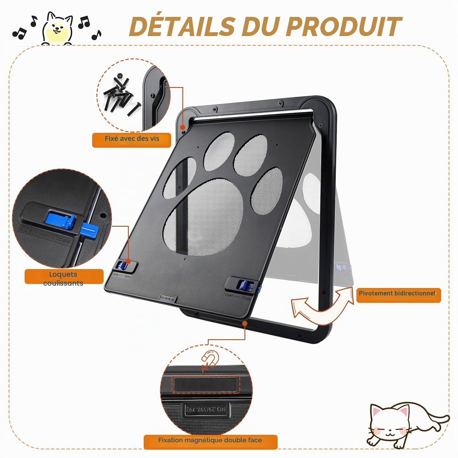 Chatiere pour Chat 29 x 24 cm Trappe pour Chien Moustiquaire de Porte Automatique Isolante Chatières pour Chats Chattiere à Chat Noir Verrouillable Facile à Installer pour Moyen Petit Chats Chien