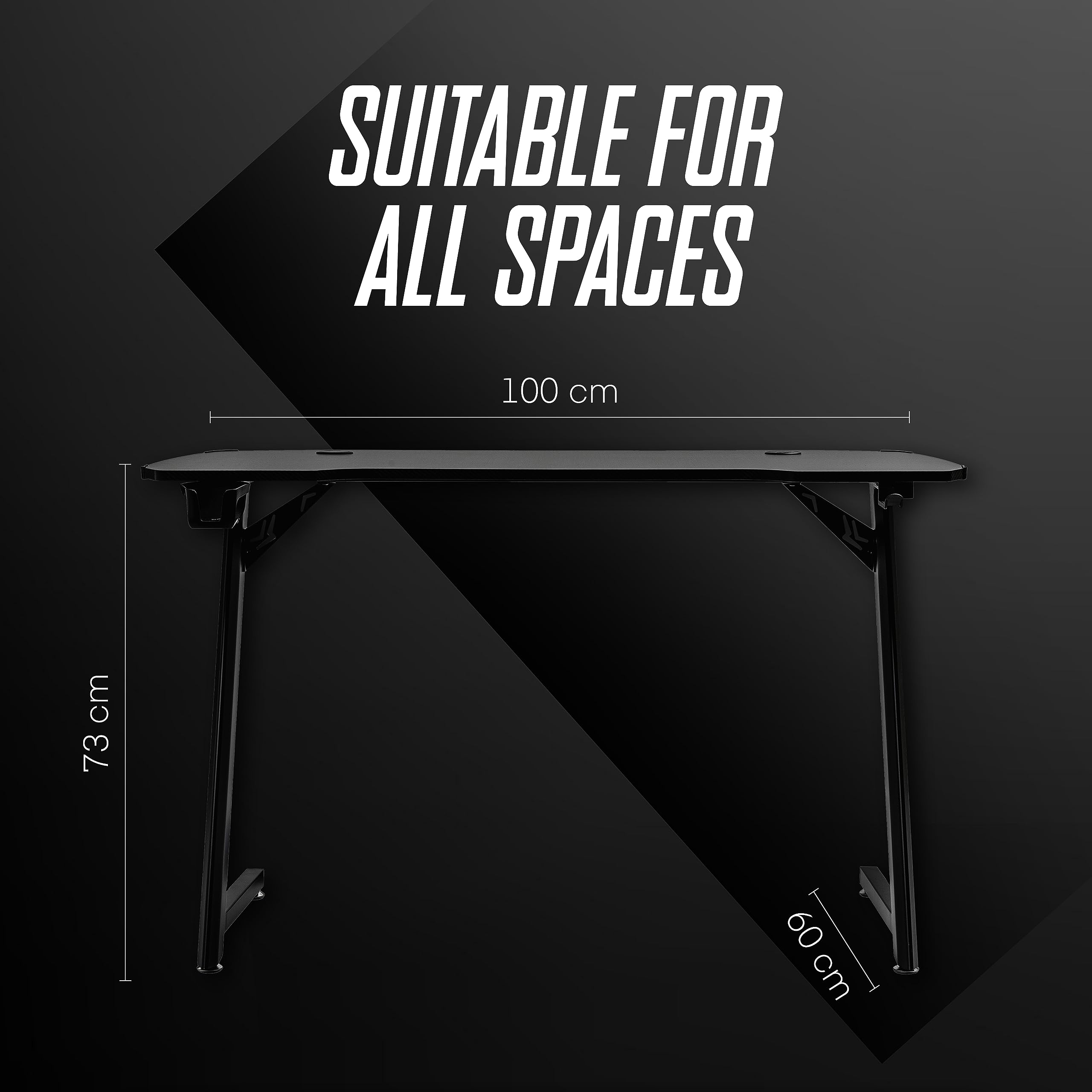 Baroni Home Ergonomischer Gaming-Schreibtisch mit Ständer und Haken für Kopfhörer und Becherhalter, Spieltisch aus MDF und Stahl, mit bunten LED-Lichtern, 100 x 60 cm