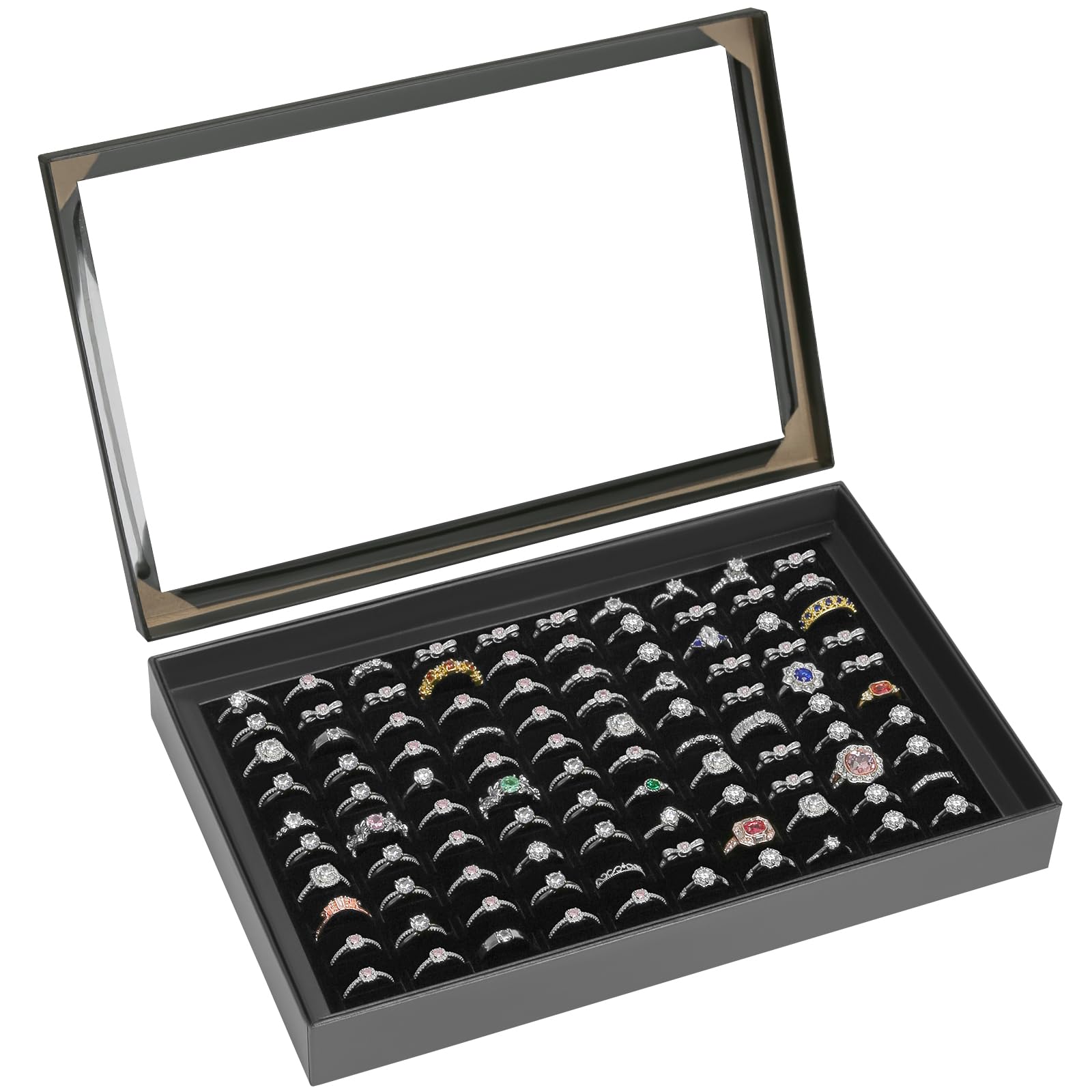100 Slots Ring Earring Holder Display Case Velvet Jewelry Ring Earring Storage Organizer Box Tray with Clear Lid