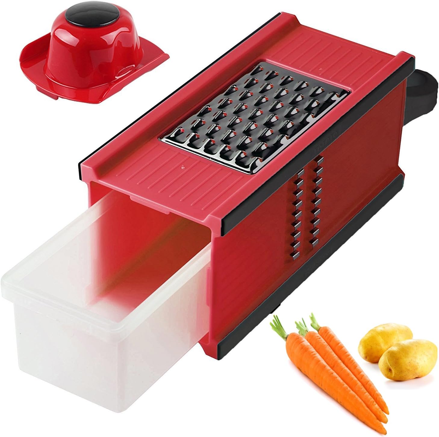 Kitchen Tools Set,Jumbo Sky Food And Vegetables Mandoline Slicer With Blades For Fruit And Cheese Cutter, Carrot Grater, Onion Chopper, Julienne Peeler with Safety Hat And Container (4 in 1 Red)