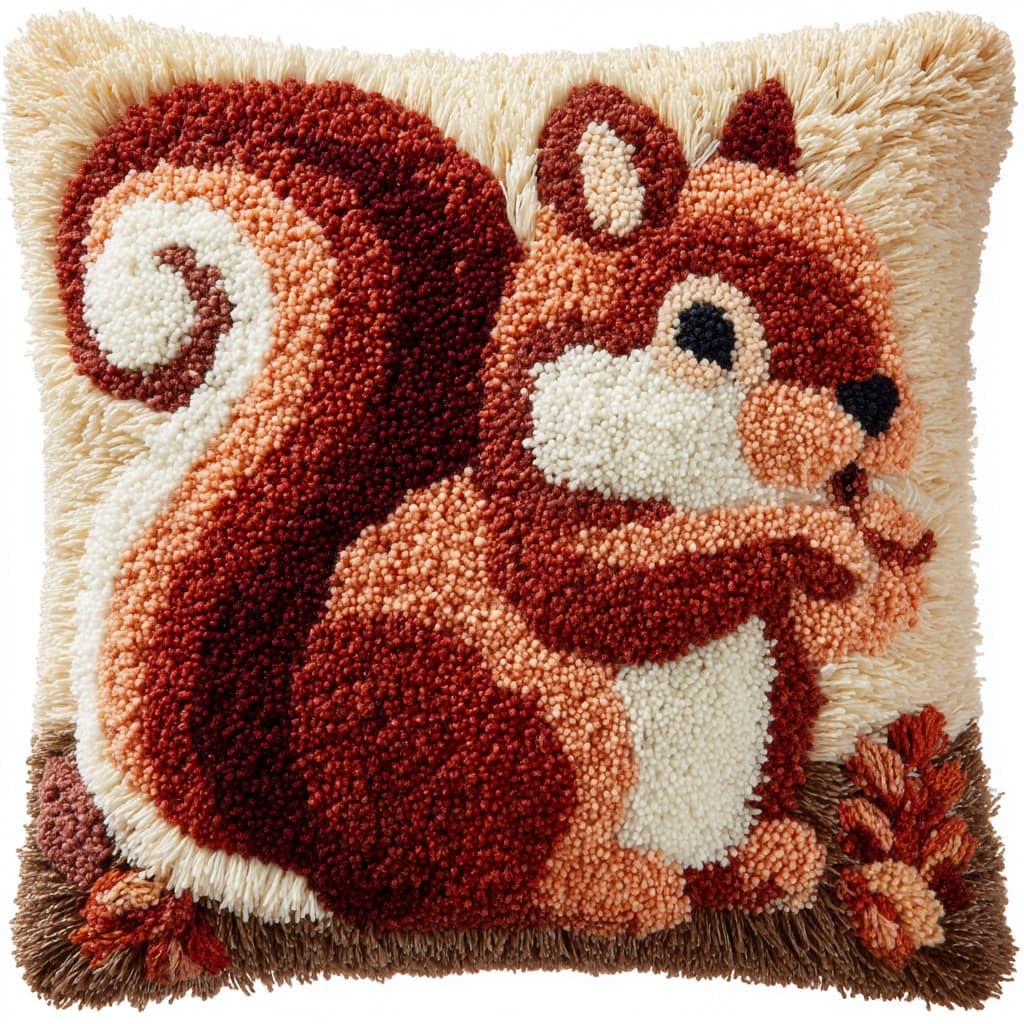Taxpy DIY Latch Hook Kits, Animal Squirrel Cushions Pillow Case Embroidery Carpet Set Needlework Crocheting Cushion Embroidery Set 43x43cm