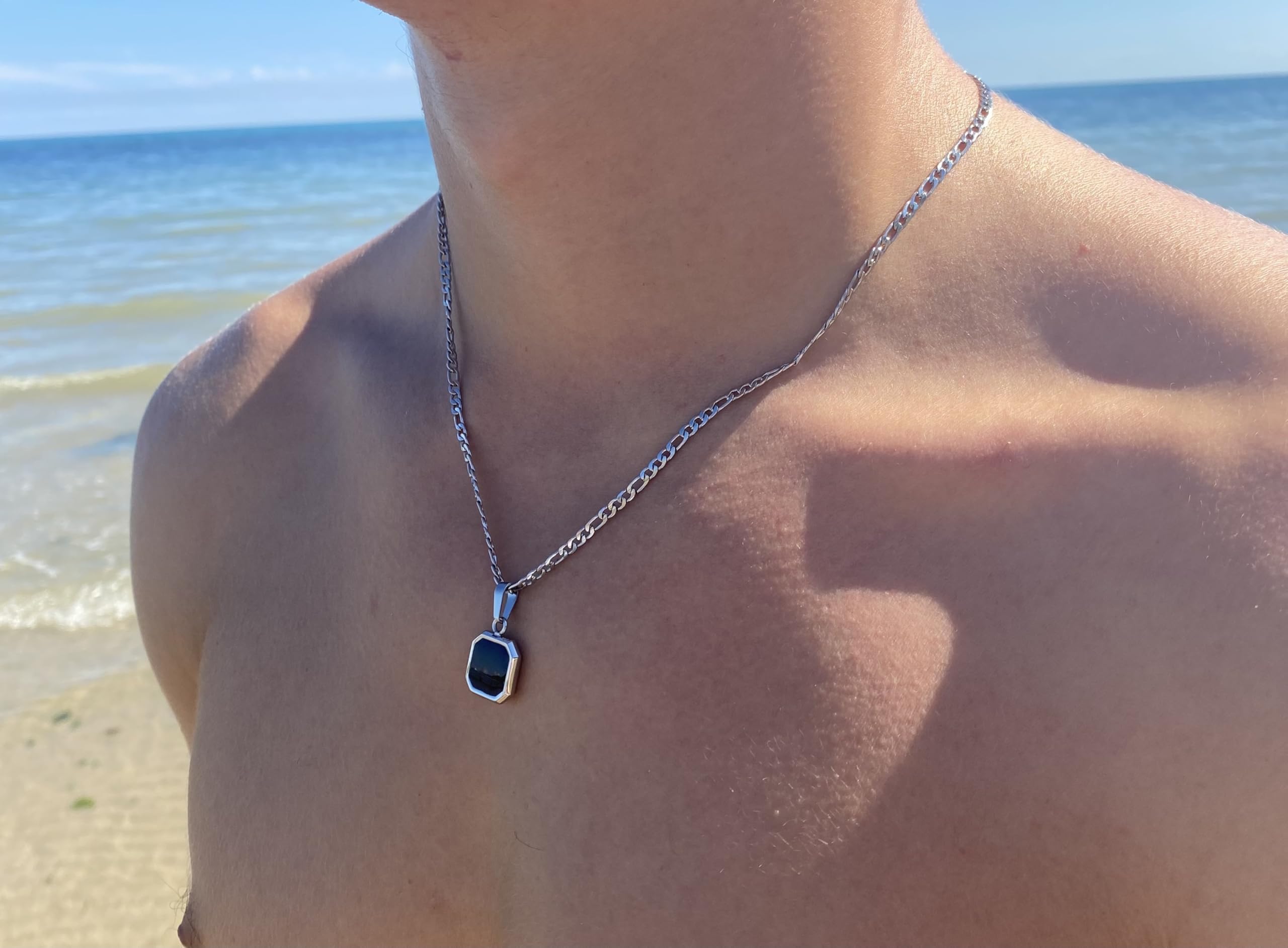 18K Gold Onyx Pendant Necklace - Mens Gold Necklace - Black Onyx Gemstone Pendant Men- Thin Gold - View #3