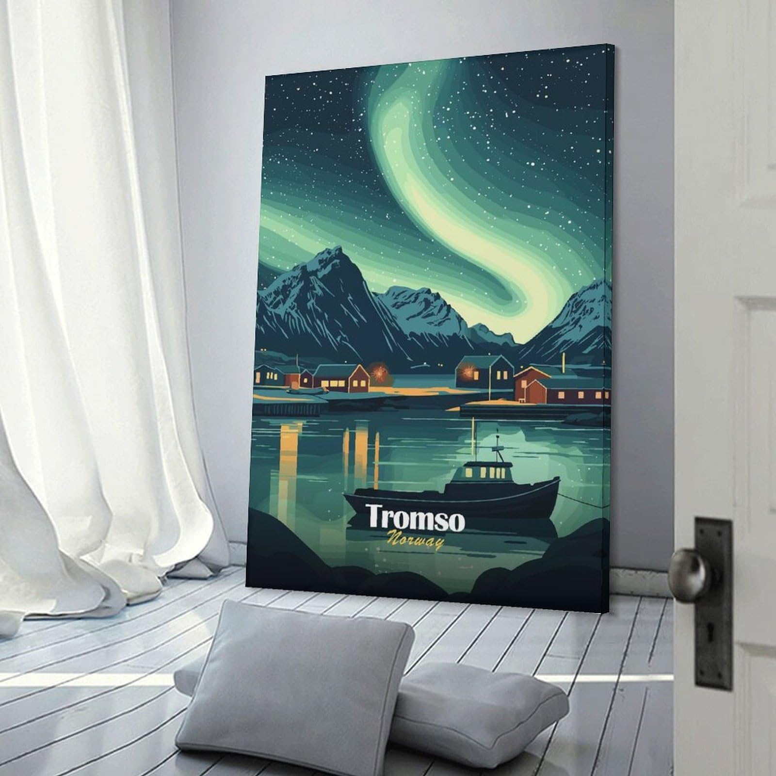 Junmoney Tromso, Norway Aurora Borealis Room Decor Wall Art 24x36inch(60x90cm), for Bedroom Walls, Guest Spaces Or Lounges, An Easy Wall Refresh for Bedrooms