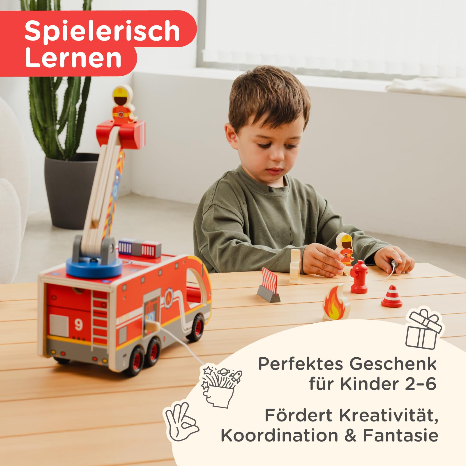 Nene Toys Holz-Feuerwehrauto für Kinder ab 2 Jahren – Feuerwehr Spielset mit 360° drehbarer Leiter & Korb, magnetischen Schläuchen, 3 Feuerwehrmännern & Dalmatiner – FSC-zertifiziertes Holzspielzeug
