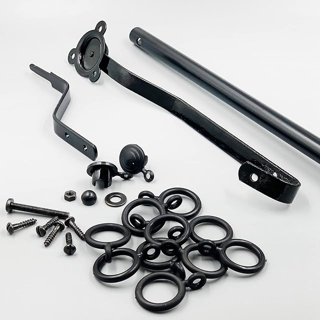 Metal Portiere Rod with Metal End Caps and Metal Rings for Curtains - 42 Inches Long for Satin Curtains Easy to Install With Pre Drilled Holes for Your Lounge or Room Easy to Raise Curtain (Black)