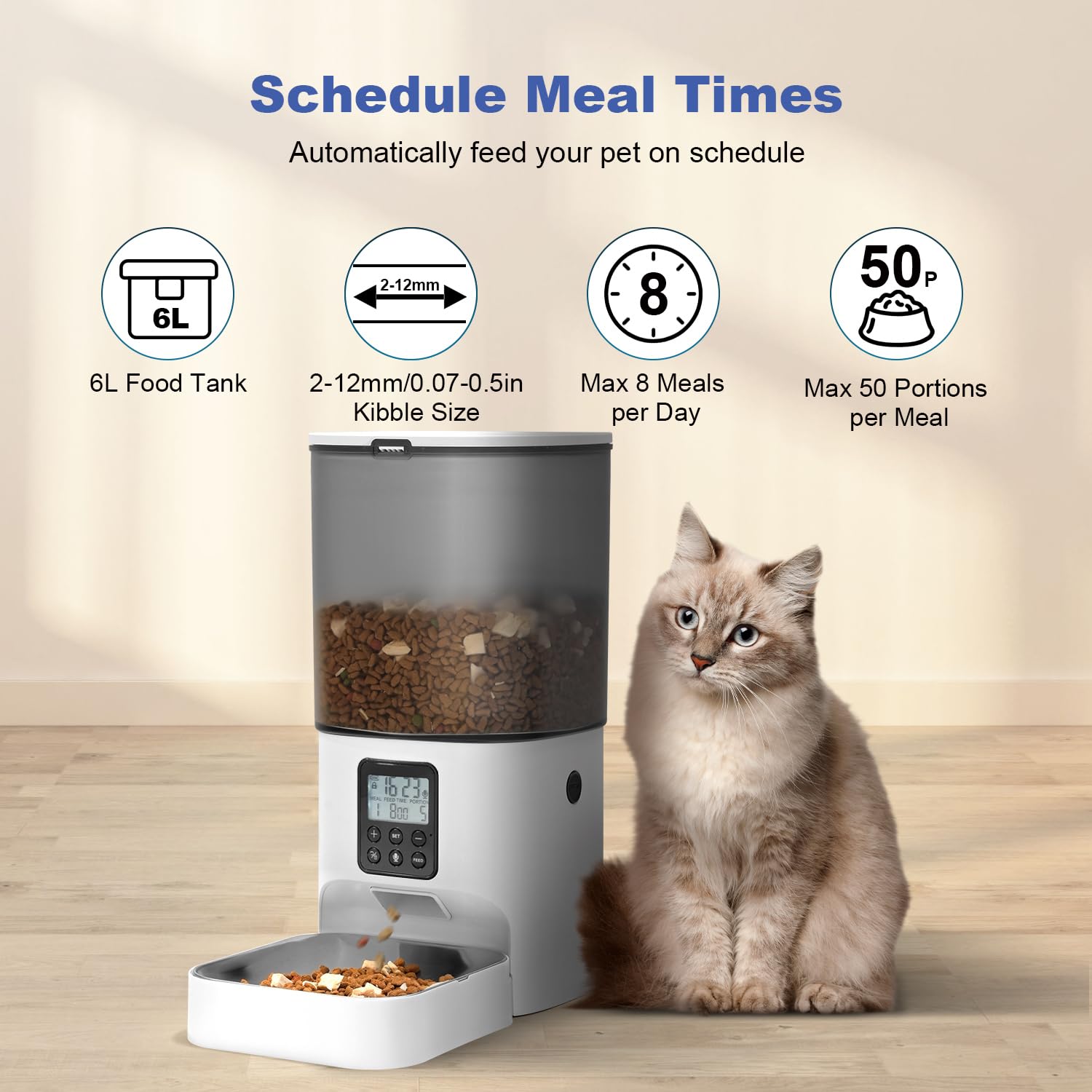 ANDOLL HOME Automatic Cat Feeder, 6L Cat Food Dispenser with 10s Voice Recorder, Pet Feeder up to 8 Meals per Day, Timed Feeder with Dry Food Sealed Ring (Jade White) view 2