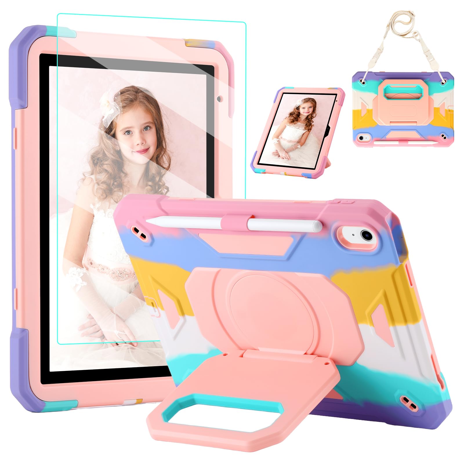 Case for iPad (A16) 2025 11th Gen 10.9'', iPad 10th Generation 2022 10.9'', with Tempered Glass Screen Protector, Rugged Kid Case with Shoulder Strap/