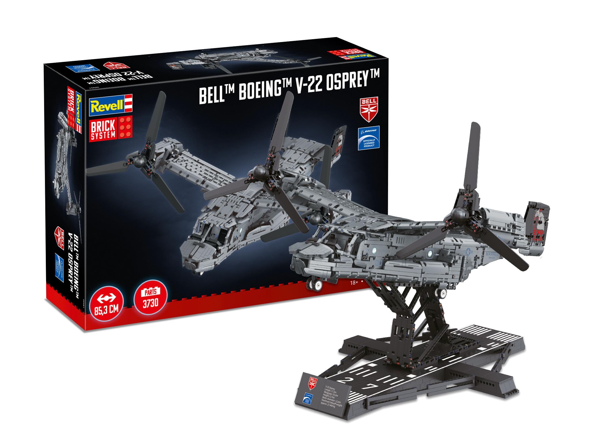 Revell Brick System 00961 Bell Boeing V-22 Osprey - Brick Model Kit - 1:25 Scale Unbuilt, 85.3cm in width, 3,730 Pieces, Includes Display Stand and Stickers For Decoration