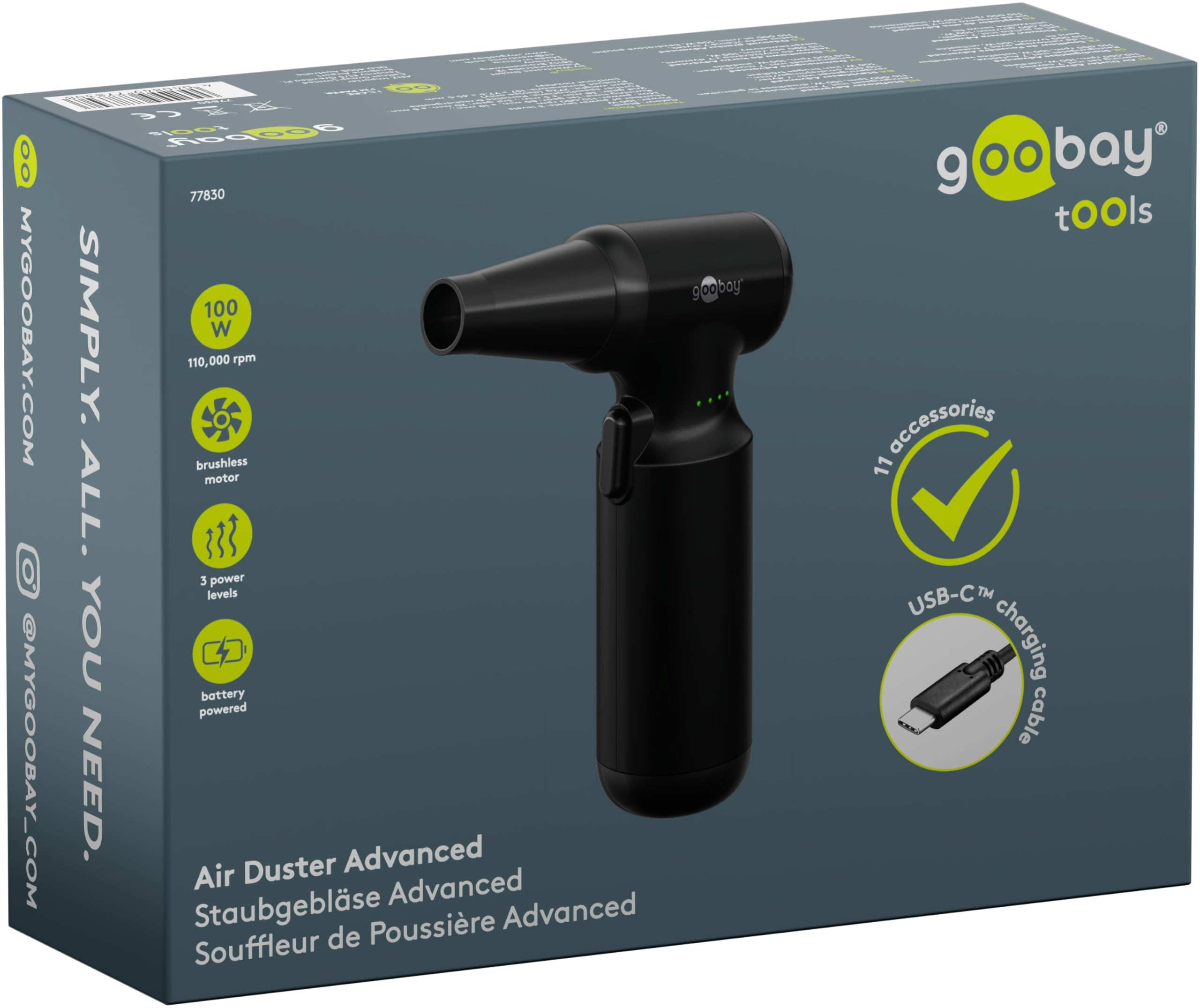 goobay Dmuchawa do kurzu z 3 prędkościami, bateria 6000 mAh, 110 000 obr./min, czas pracy do 80 min, w zestawie 8 nasadek do usuwania kurzu z klawiatur, komputera, na sofie, wnętrze samochodu – 77830
