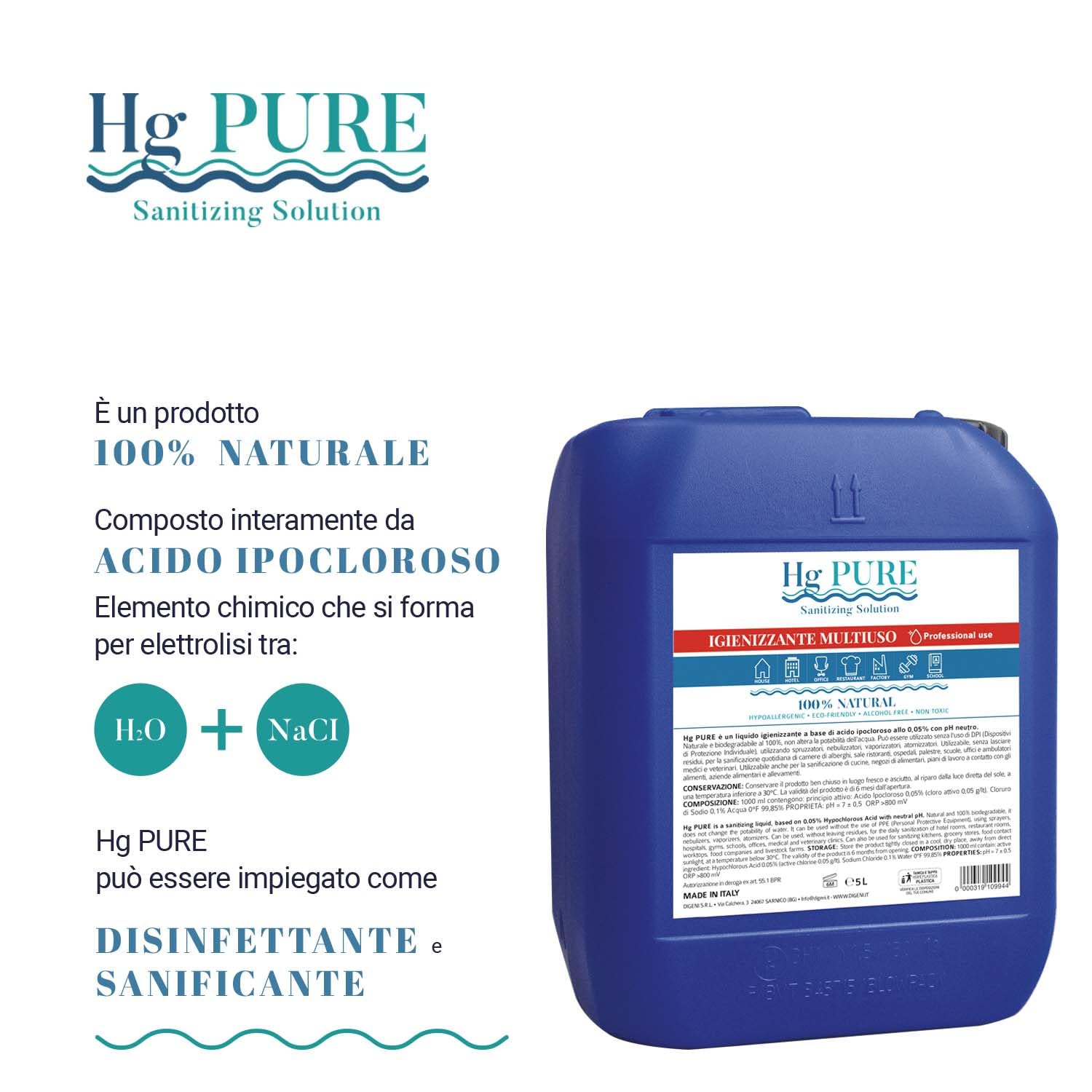 Hg Pure Disinfettante Igienizzante Liquido e Ricarica per Spray Multiuso per Mani, Ambiente e Animali 5 litri Antibatterico Sanificante liquido no Alcool Elimina Virus Naturale - Made in Italy
