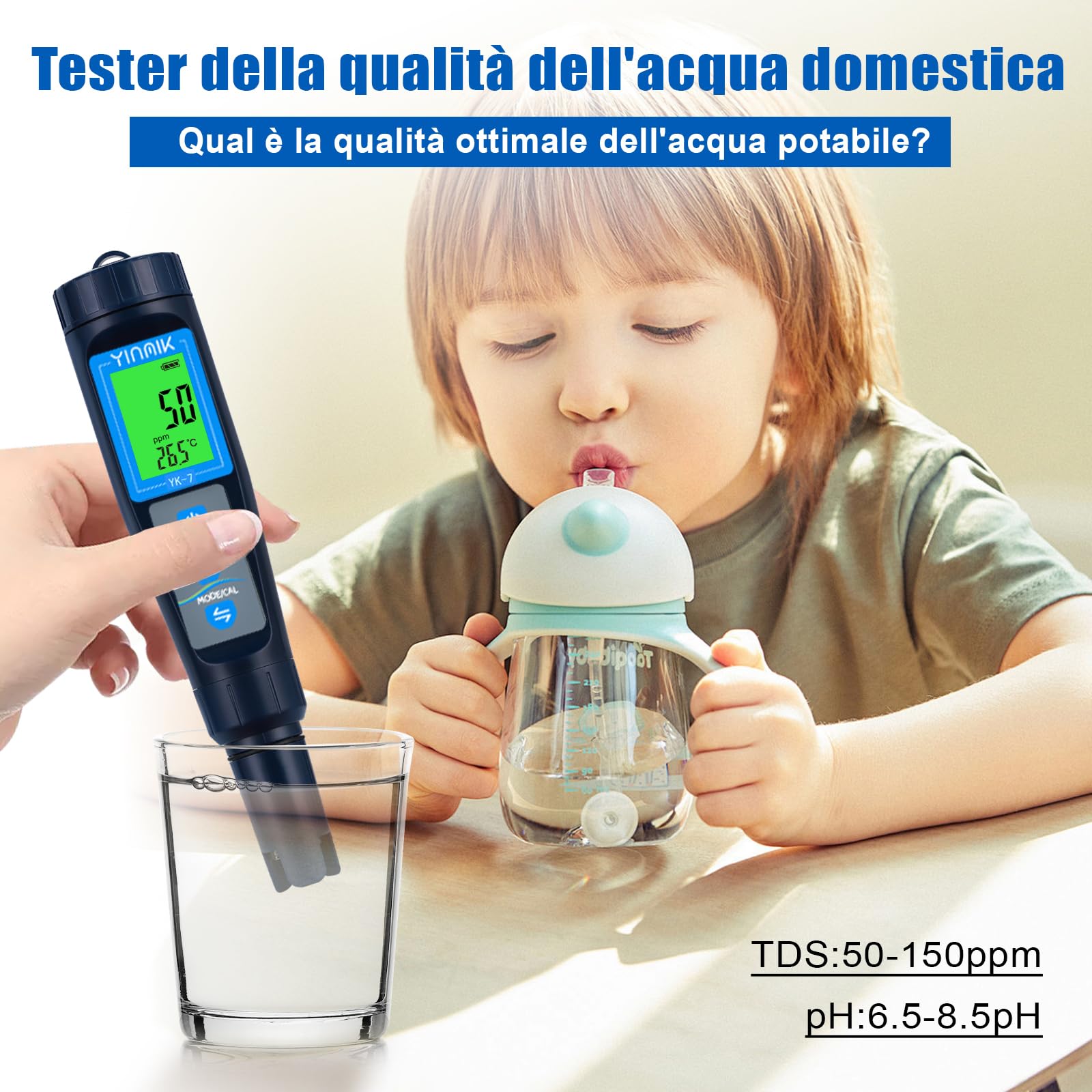 YINMIK Misuratore pH salinità per piscine, Tester digitale pH salinità per piscine di acqua salata, Tester pH salinità TDS EC 5 in 1 per piscine fuori terra, acquari, acqua potabile,coltura idroponica